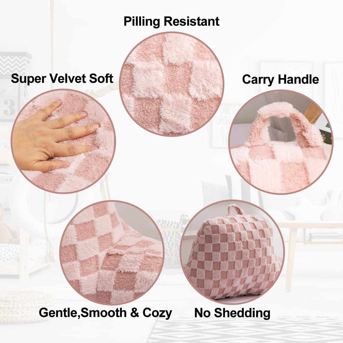 Holawakaka Checkered Reading Pillow for Sitting up in Bed Sofa Kids Teens, Backrest Pillow with Arms for Boys Girls Women Petites Pregnancy, Back Support Cushion for Couch Floor Nursery Playroom,Pink