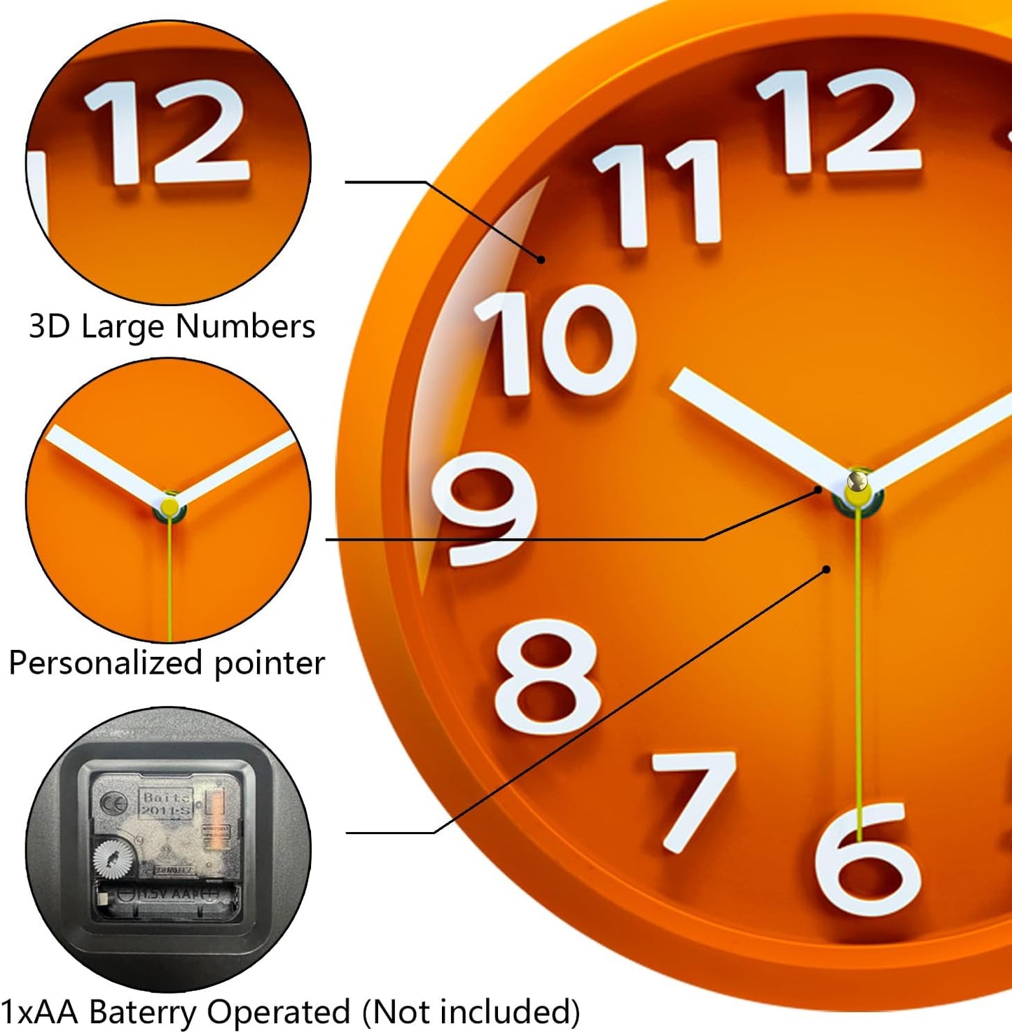 Wall Clocks Battery Operated - 11 Inch Silent Non Ticking 3D Numbers Easy Read Analog Clock with 2 Hooks Premium HD Glass Clocks for Living Room Bedroom Kitchen Gym Outdoor Decor, Orange
