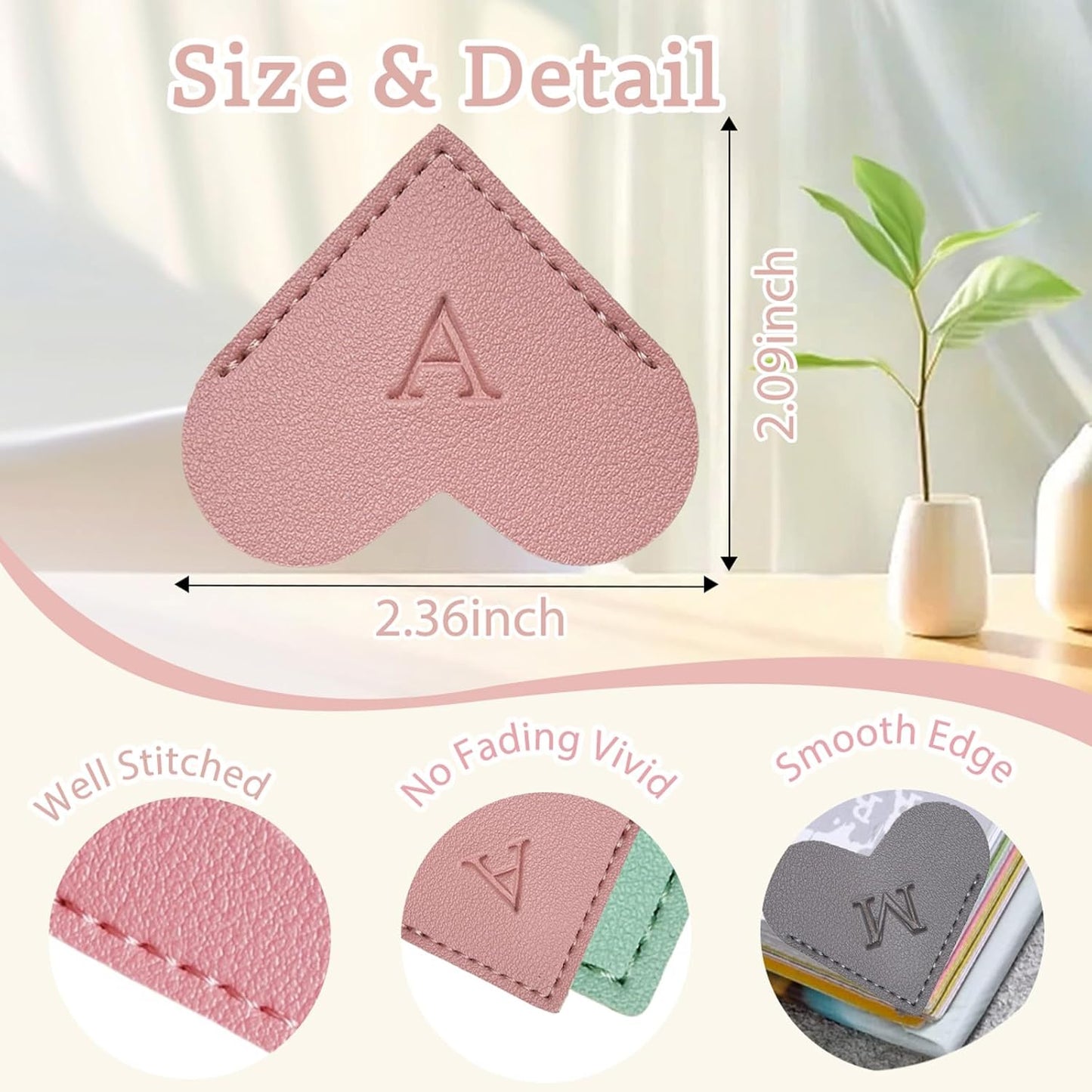MOTEERLLU Personalized Leather Heart Bookmark with Initials, Handmade, Cute Custom Corner Book Marks for Reading Women, Teachers, Students, Book Lovers Gifts, Book Accessories (Pink, A)