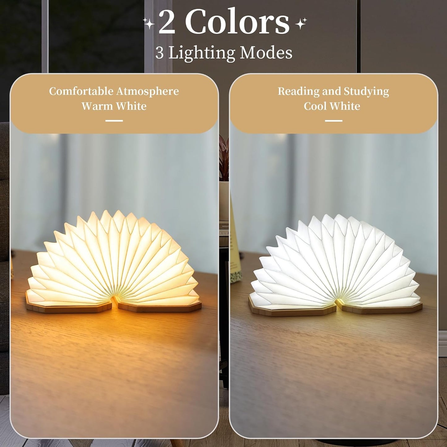 Paper Lamp Japanese Gifts House Warming Gifts, Book lamp 3 Colors Lights Mode, Foldable Japanese Lamp, Bamboo Base Paper Lantern Lights 1200mAh, Book Decor, Zen Decor Spiritual Gifts
