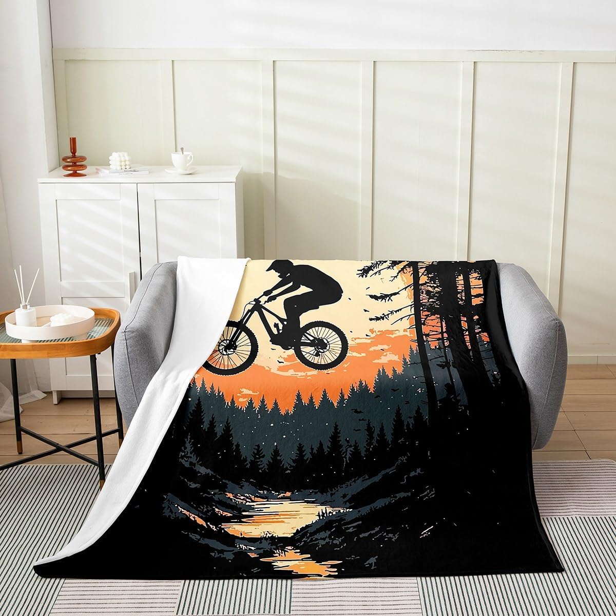 Castle Fairy Bicycle Rider Throw Blanket Boys Girls,Boys Mountain Bike Fuzzy Blanket All Seasons Bedding Set,Cool Style Sports Theme Plush Blanket Warm,Twin (60 x 80 Inches)