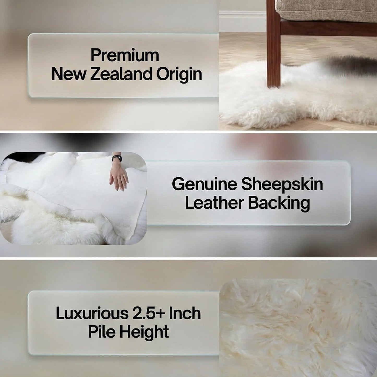 Genuine Sheepskin Rug – New Zealand Sheep Skin Fluffy Soft Single Pelt Lambskin for Bdroom, Living Room, Sofa, Chair, Bedside – Natural Ivory White Area Rug (2 x 3 ft)