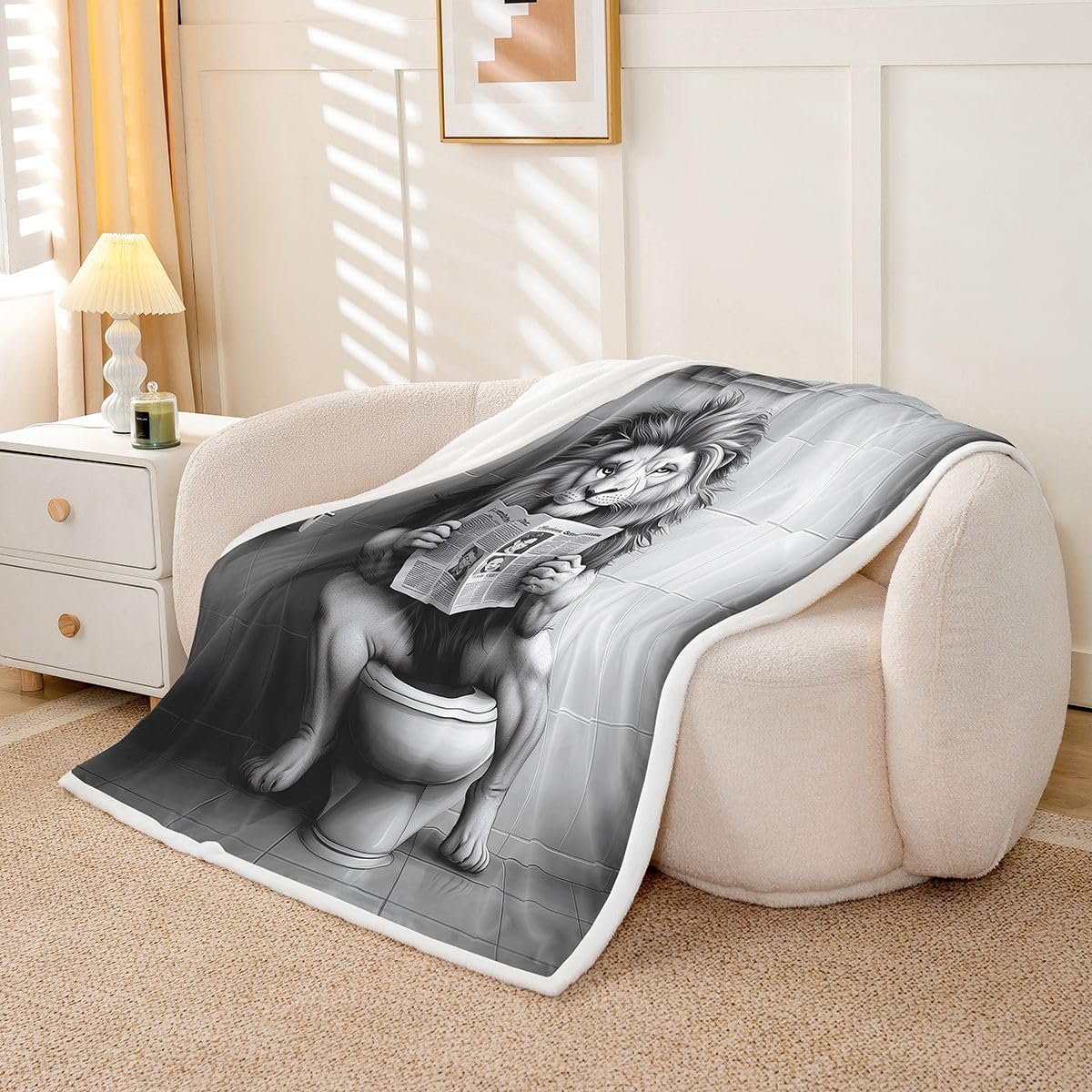 Feelyou Lion Sherpa Throw Blanket for Couch Funny Animal Super Soft Cozy Fleece Cartoon Blanket for Winter, Plush Throw Cute Baby 30"x40" Black Gray All Season