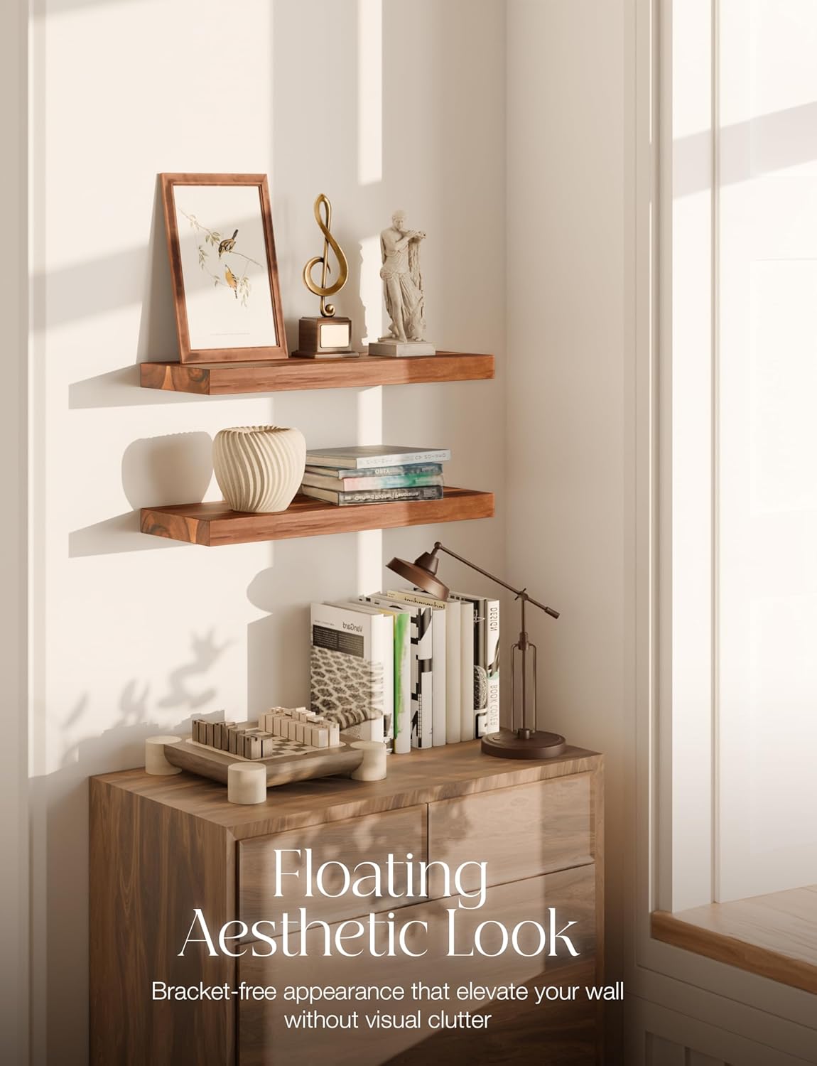 BATODA Set of 2 17" Acacia Wood Floating Shelves Wall Mounted – Rustic Farmhouse Wooden Wall Storage Shelf for Bedroom, Kitchen, Home Décor - Brackets and Shelving Mounting Hardware Included