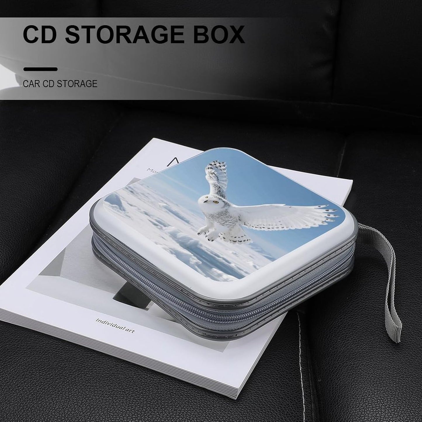 White Snowy Owl CD Case Portable Zipper CD Case 40 Capacity Hard Plastic DVD Cases Holder Large Storage Disc Wallet Bag for Car Home Travel DVD Collection Bag