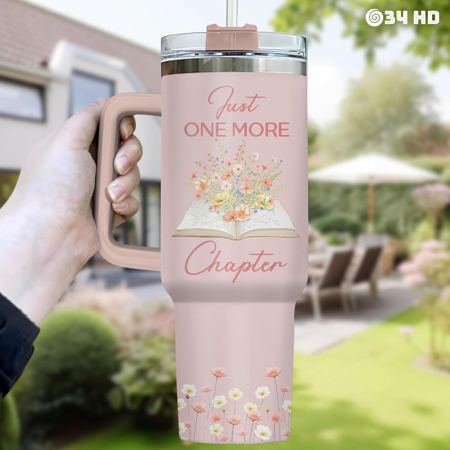 34HD Book Lover Gifts for Women 40 oz Tumbler with Handle - I Have No Shelf Control Funny Pun - Just One More Chapter Floral Travel Mug - Birthday Gift for Her