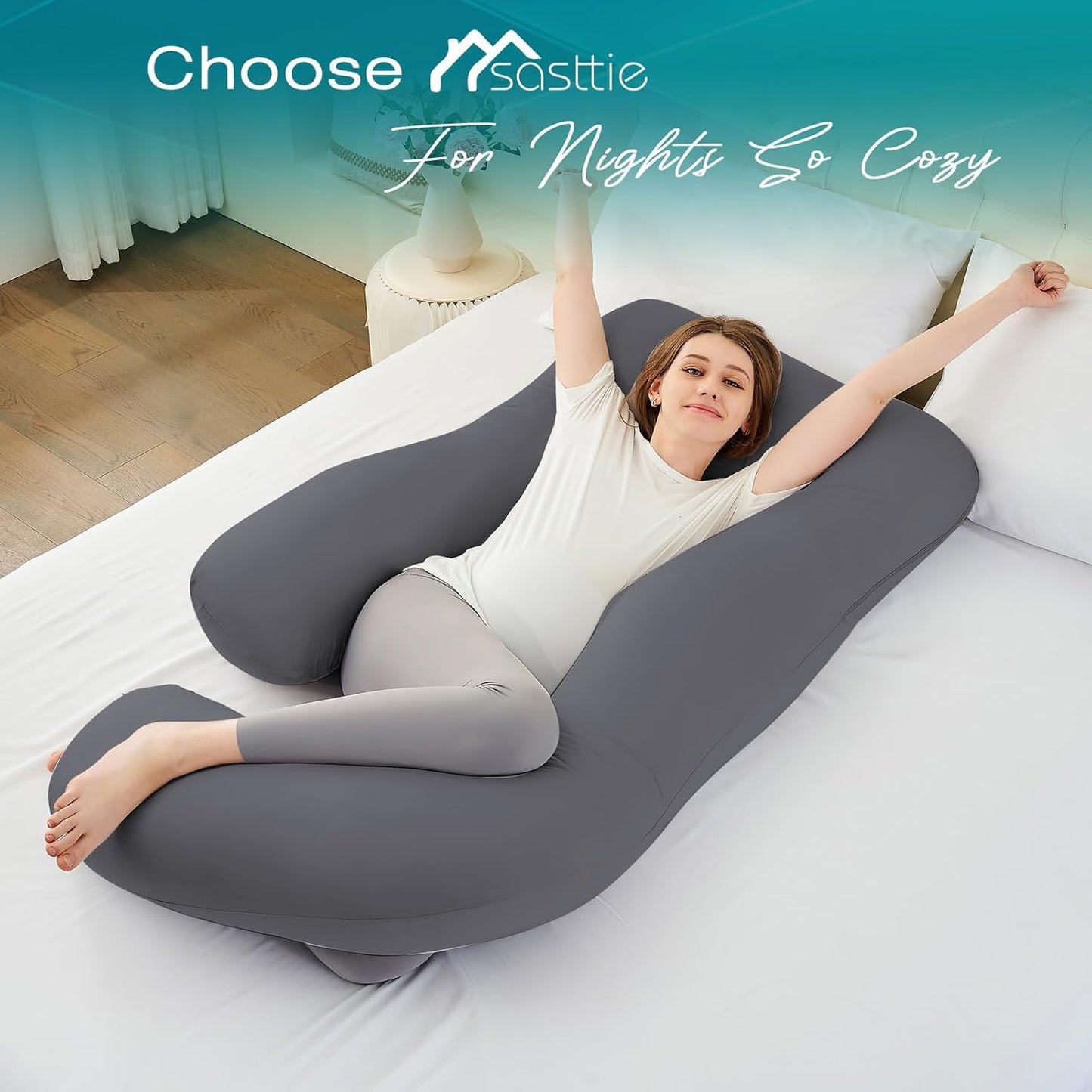 Sasttie Pregnancy Pillows for Sleeping, U Shaped Cooling Full Body Pillow with Removable Cover, Pregnant Women Must Haves, Maternity Essential, Dark Grey