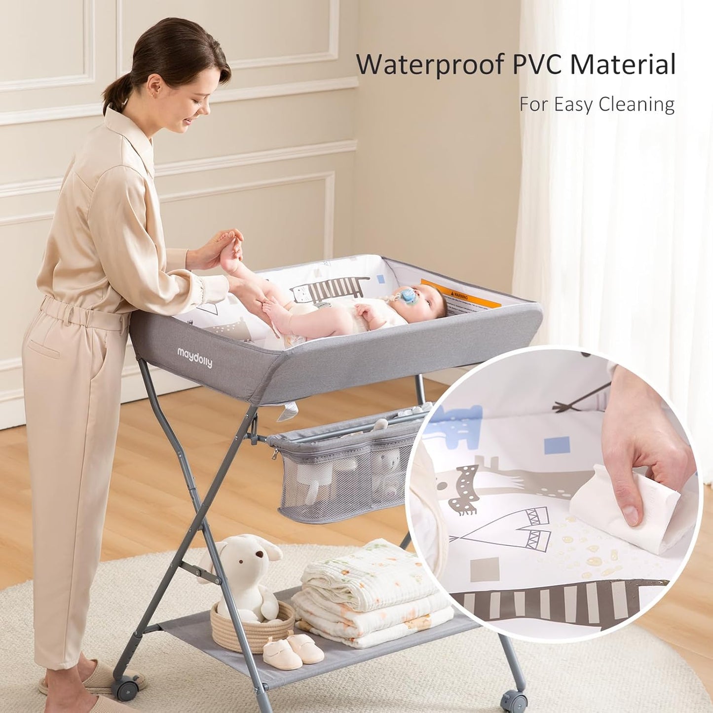 Baby Changing Table with Wheels, Maydolly Portable Adjustable Height Folding Diaper Station with Nursery Organizer & Storage Rack for Newborn Baby and Infant (Light Grey)