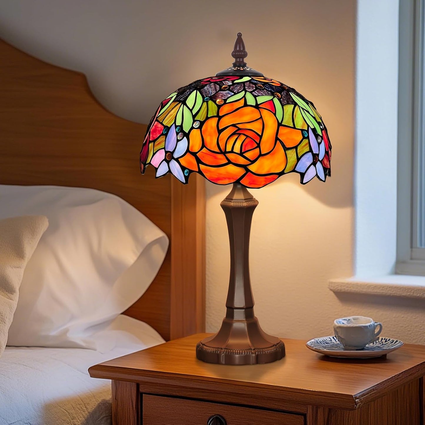 Capulina Tiffany Lamp Stained Glass Table Lamp,12X12X20 Inches Red Rose Tiffany Style Desk Reading Lamp for Living Room Bedroom Study Home Office