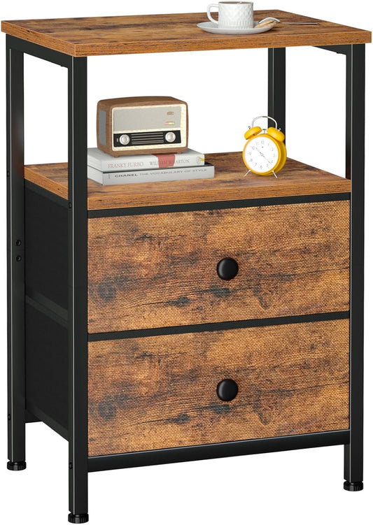 Night Stand, Nightstand with 2 Fabric Drawers for Bedroom, Small End Table with Open Storage Shelf, Bedisde Table for Apartment, Rustic Brown, HETS002BR-1