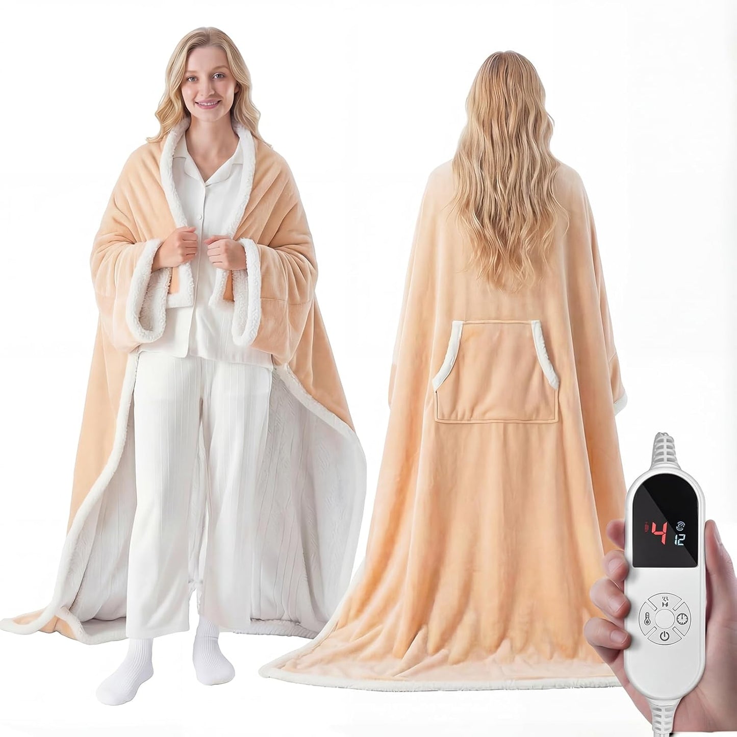 Wearable Heated Blanket with Foot Pocket, Wearable Electric Throw Blanket with Sleeves, Flannel & Sherpa Heated Throw Blanket with 6 Heat Settings, 1-12 Hours Auto Shut-Off, 52"x72", Beige