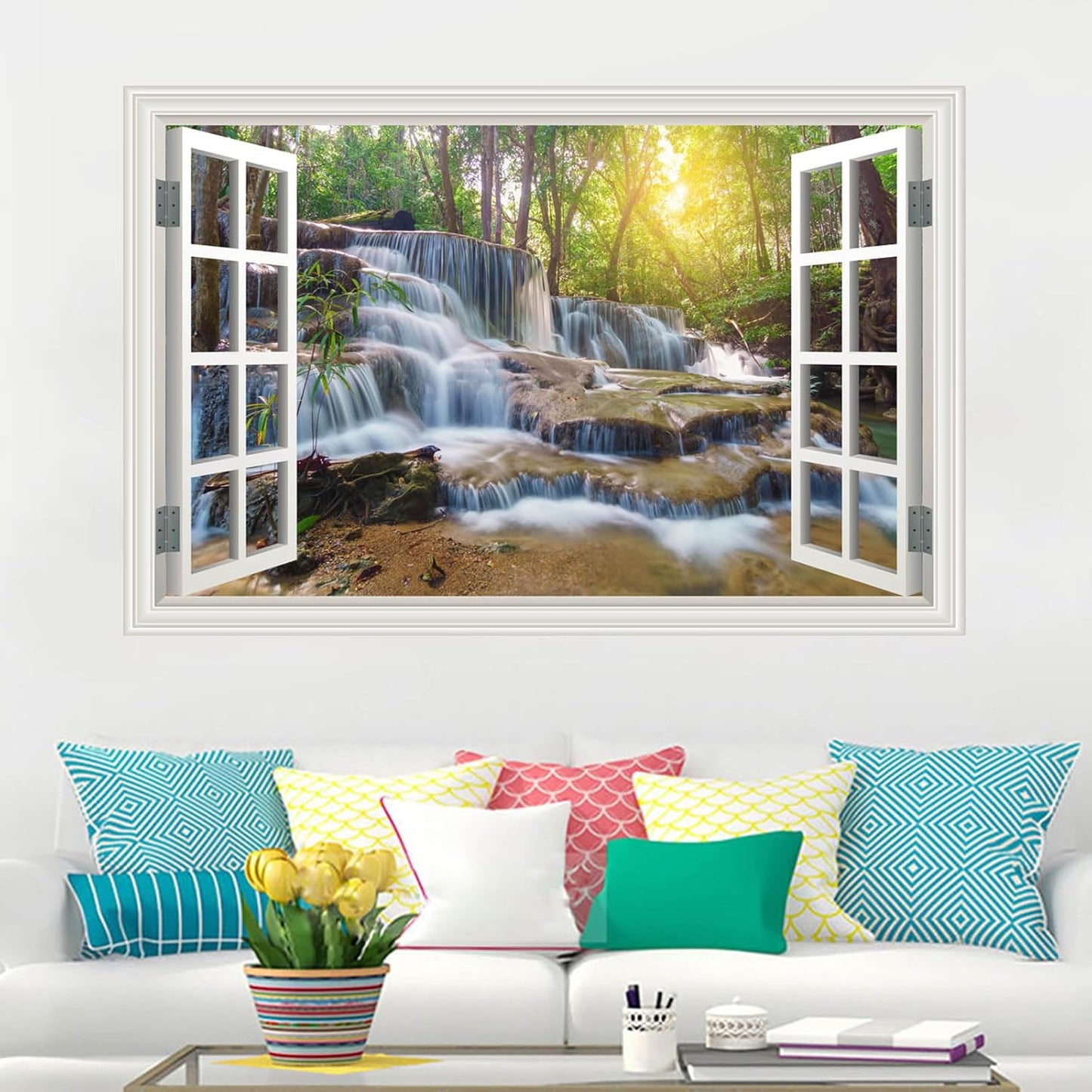 Fake Window Wall Mural Sticker Forest Tree Jungle Waterfall Faux Window Poster Decal Picture Open Wall Art Decor, Stick and Peel Landscape Natural Scenery Scene（48"x32",Set of 2 Sheets）