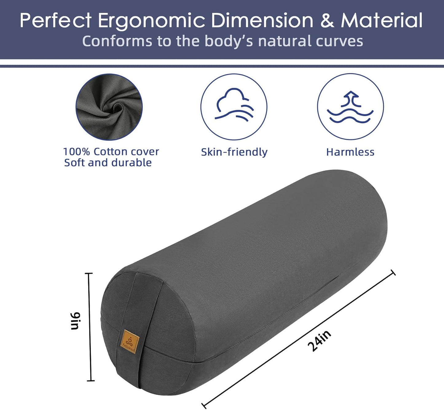 Organic Buckwheat Bolster(24X9 in) Yoga Bolster Supportive Yoga Cushion for Restorative Yoga Accessories Meditation Pillow Reading Pillow Floor Pillow Large Round Cylinder