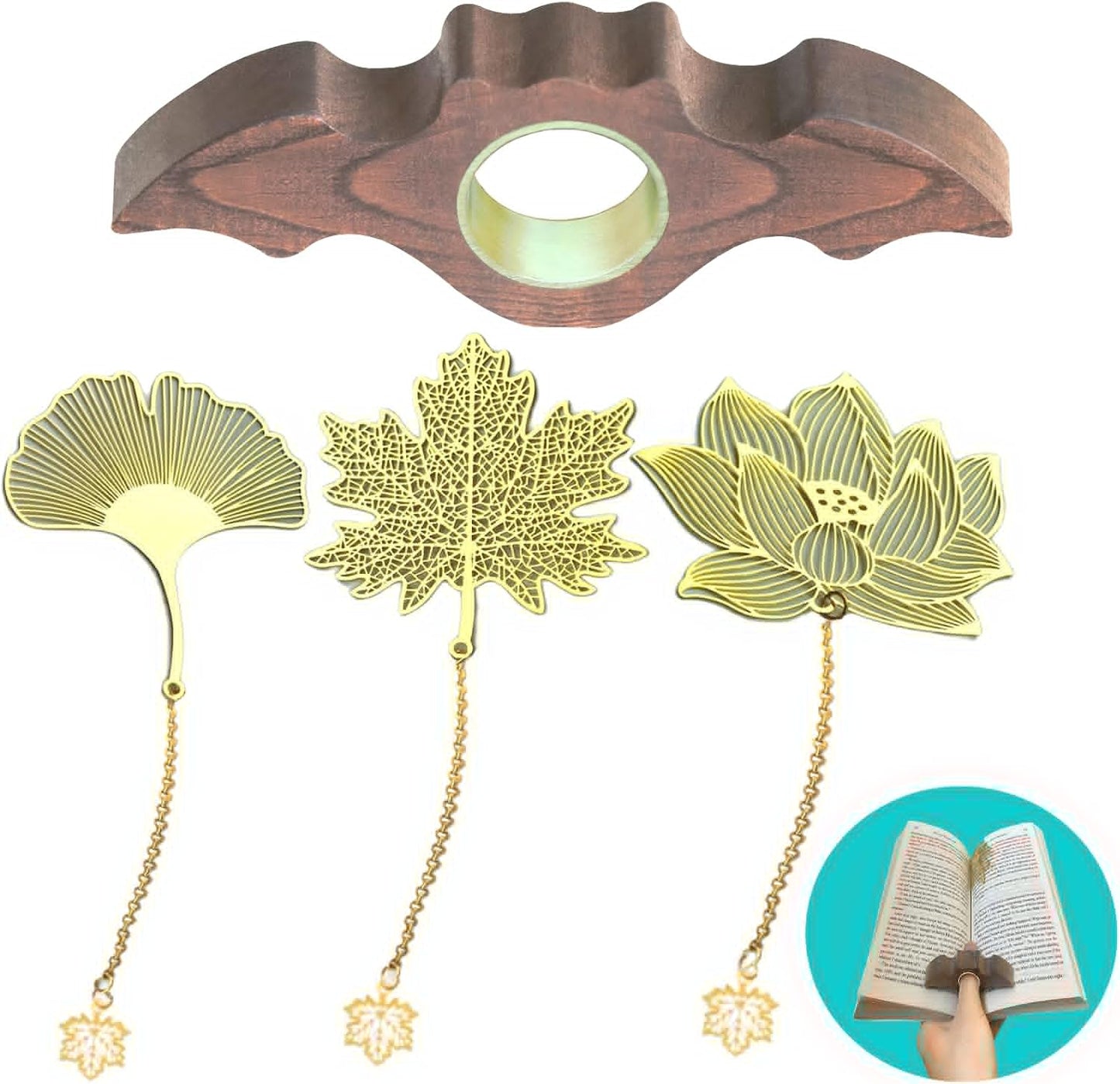 4 Pieces Bookmarks，Handmade Thumb Wooden Walnut Book Page Holder with Golden Ring，Bat Wing Design，3 Pieces Metal Bookmarks with Chain，Golden Hollow Design, Book Reading Accessories (Medium)