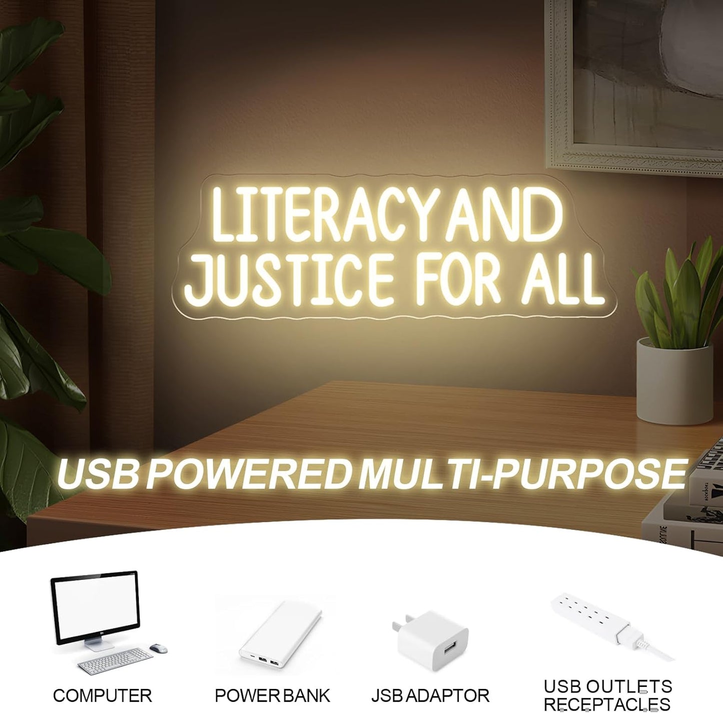 Literacy and Justice For All Neon Sign – Book Lover LED Wall Light, Reading Corner Decor, Bookshelf Display Light, Library Wall Hanging Sign, Inspirational Teacher or Student Gift 17〞× 5.3〞