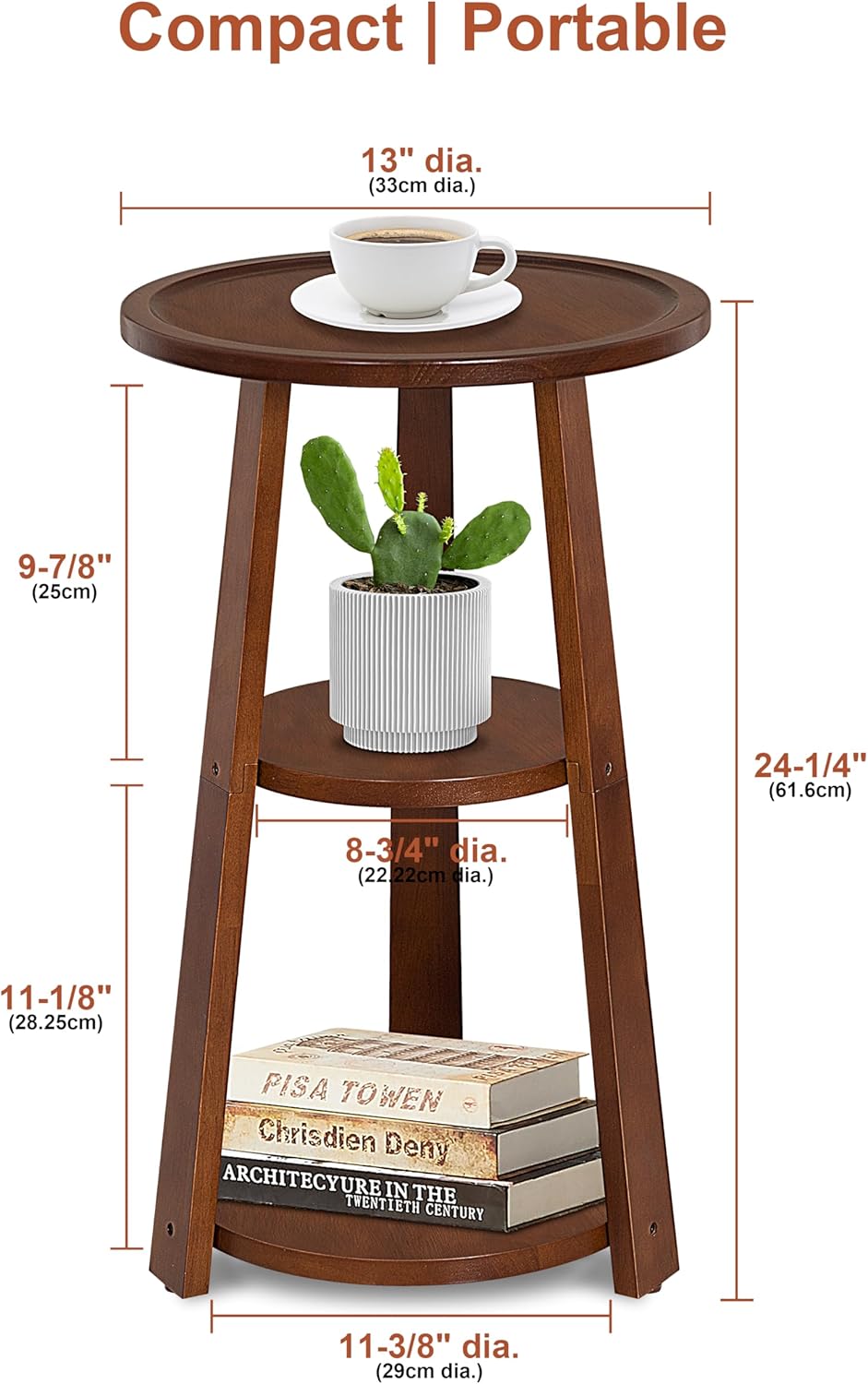 3-Tier Round Side Table, Solid Wood End Table & Nightstand for Small Spaces, Compact Accent Table for Living Room, Bedroom, Office (Red Brown Finish)