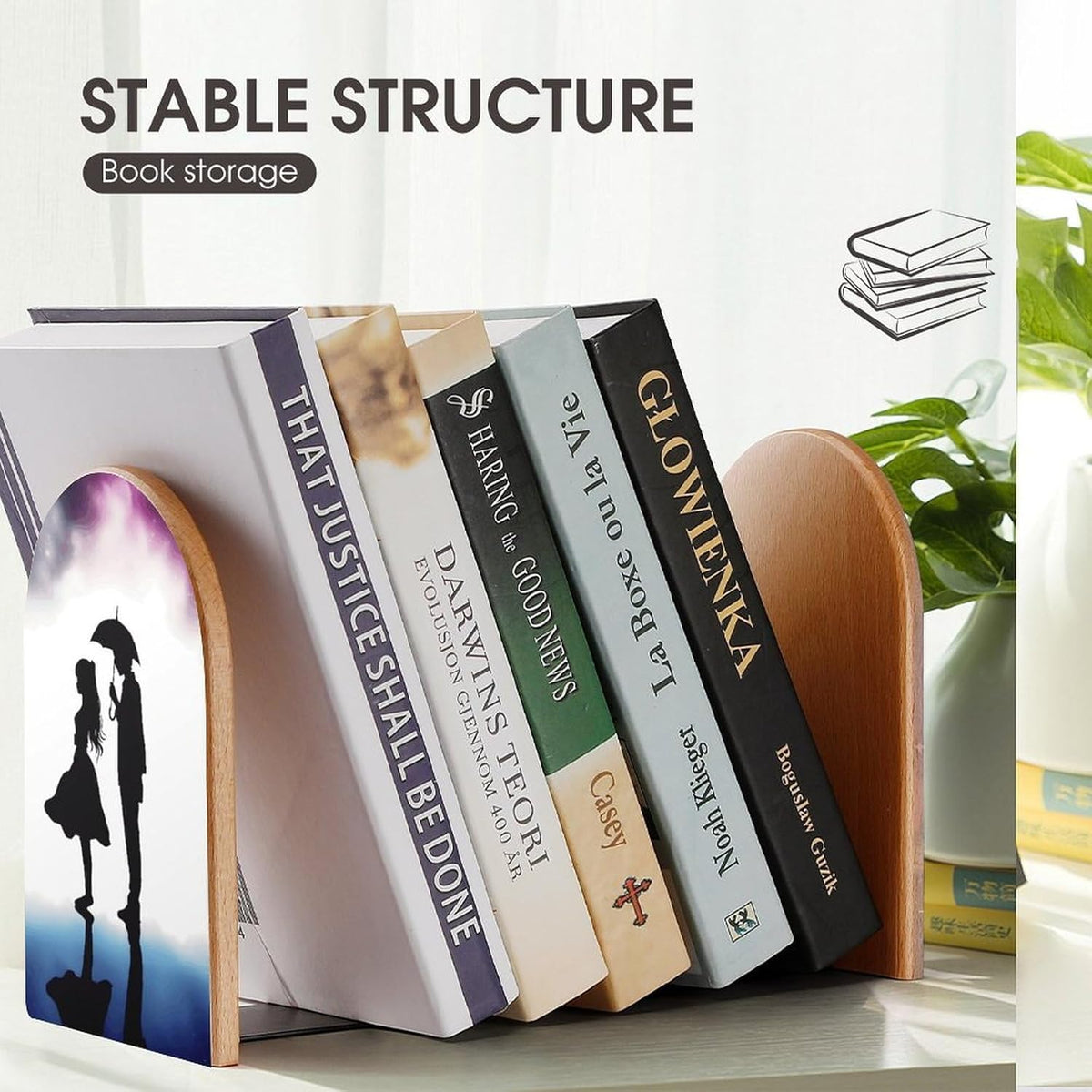 Non-Slip Bookend for Shelves Anime Lovers Silhouette Wooden Bookends with Metal Base Decorative Book Stopper for Home Heavy Duty Wood Book Storage for Books/CDs