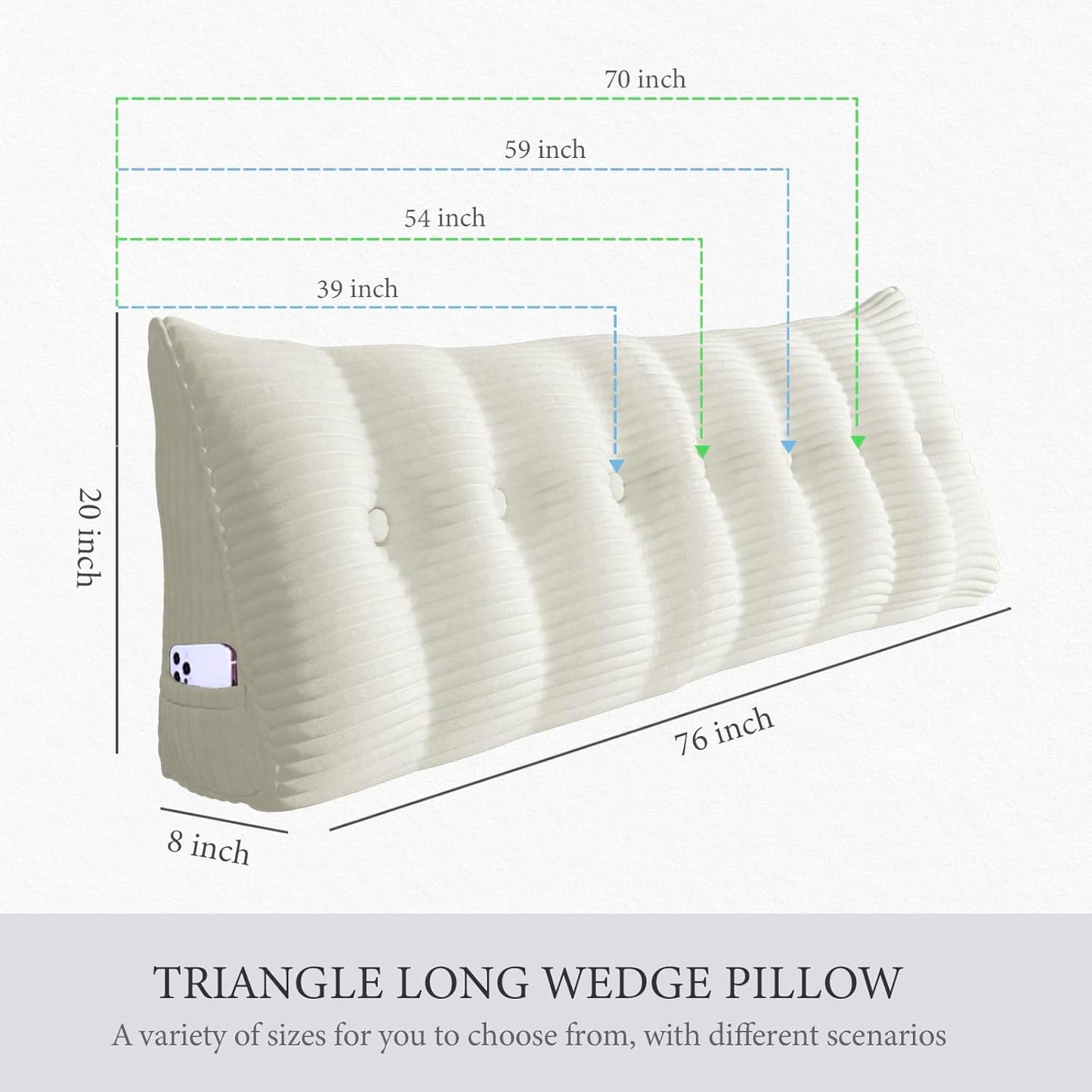 Fully Stuffed Thicken Headboard Pillow Full Padded Headboard Soft and Firm Support Large Bolster Triangular Bed Wedge Pillow Backrest Positioning Bed Rest Reading Pillows for Bed Corduroy White