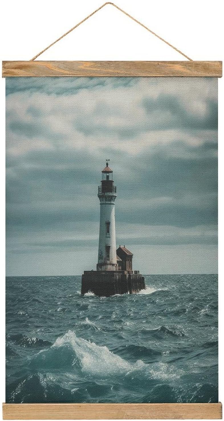 Vintage Lighthouse Ocean Poster with Wooden Frame Personalized Linen Hanging Scroll Painting Rustic Wall Hanging Illustrative Modern Artwork Decor for Home Living Room Bedroom Office