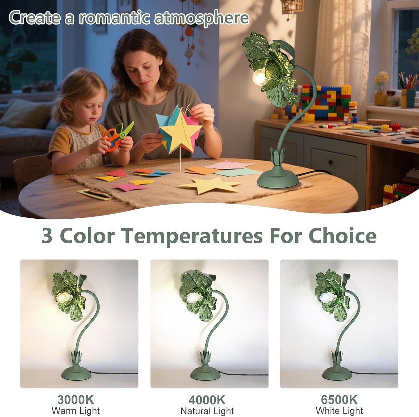 Begonia Flower Table Lamp for Bedroom, 3 Colors Flower Reading Light with E26 Bulb, Cute Desk Lamp Bedside Lamps for Nightstands Home Decor, Adjustable Flexible DIY Floral Lamps for Living Room Office