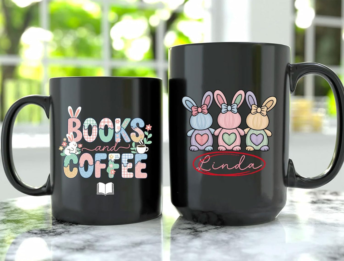 Custom Books and Coffee Ceramic Mug, Personalized Easter Day Gift Idea, Customized Name Book Lover Coffee Cup, Spring Reading and Sip Celebration, 11oz 15oz