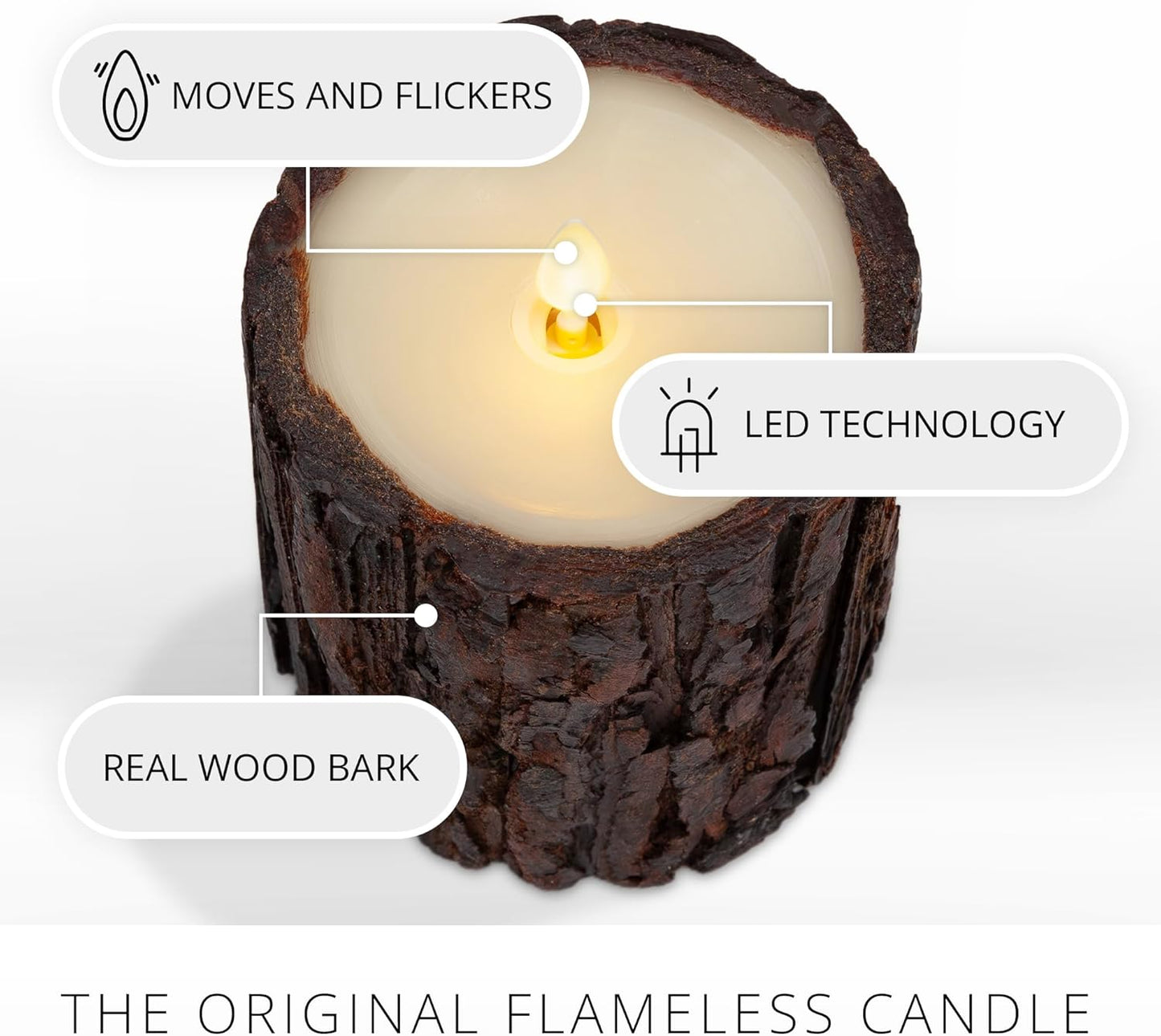 Luminara Real Bark Flameless LED Candle, Ivory 3.5" x 4.5", Moving Flame Battery Operated with Timer, Realistic Wax Pillar for Home Decor, Indoor Safe