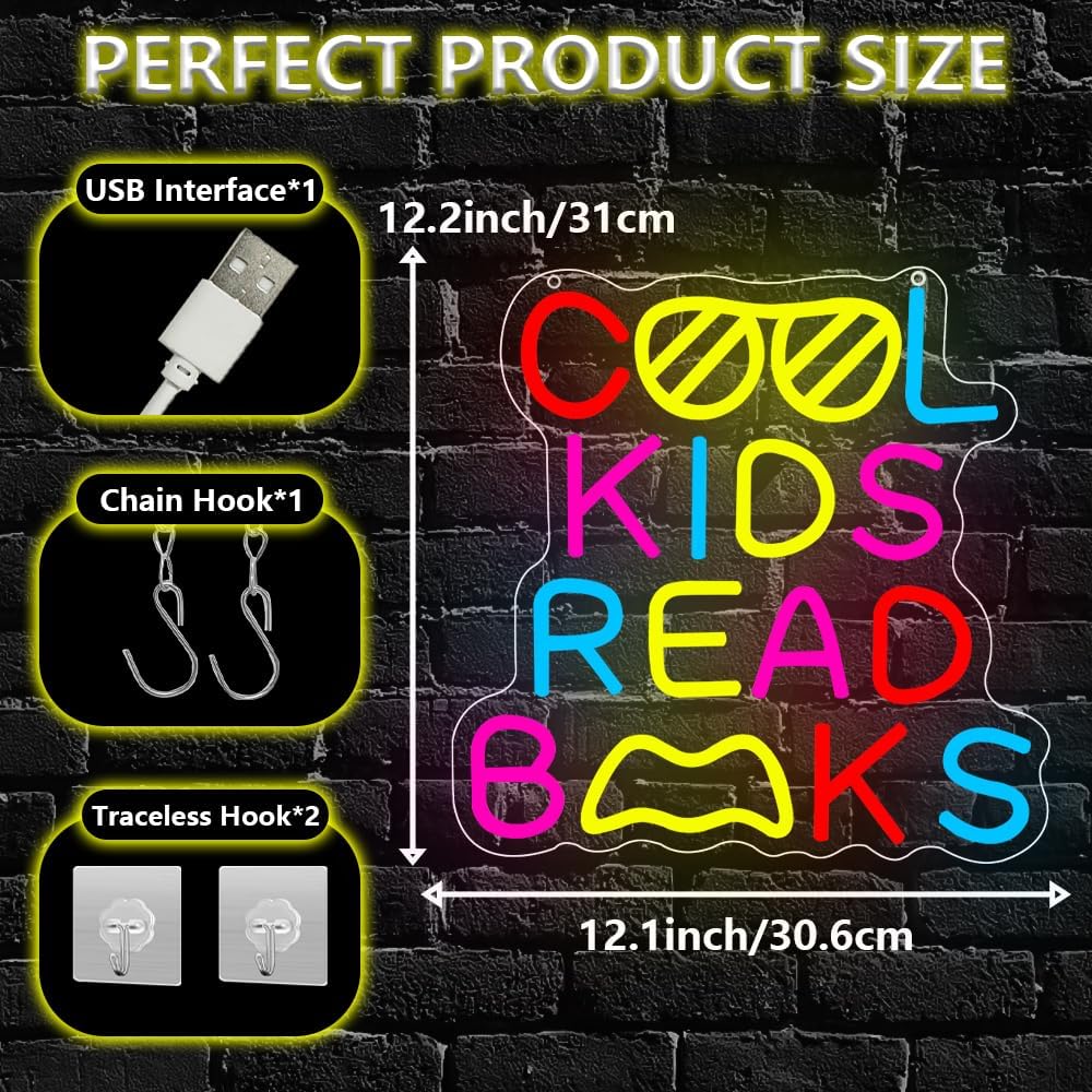 Cool Kids Read Books Neon Sign,Classroom Neon Sign Gift for Kids Teens,Reading LED Light Wall Decor for Library Reading Corner Bedroom Book Themed Party Decorations Study Room USB Powered（12.2"*12.1"）