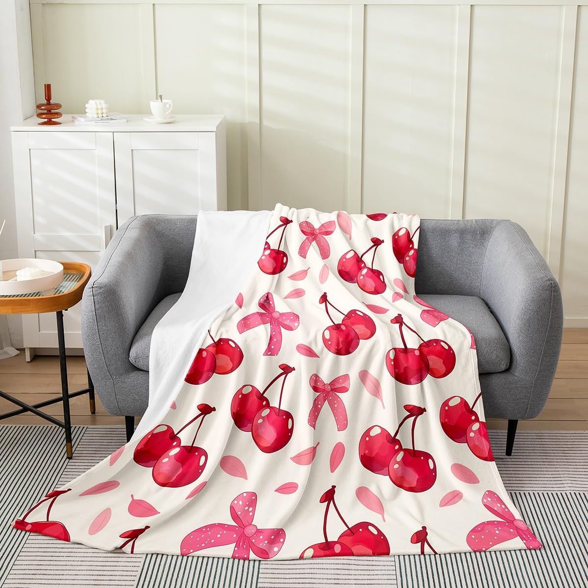 Feelyou Cheery Plush Throw Blanket 40"x50" Bow Ties Flannel Fleece Blanket Cute All Season Bed Blanket Kawaii Room Decor Hot Pink
