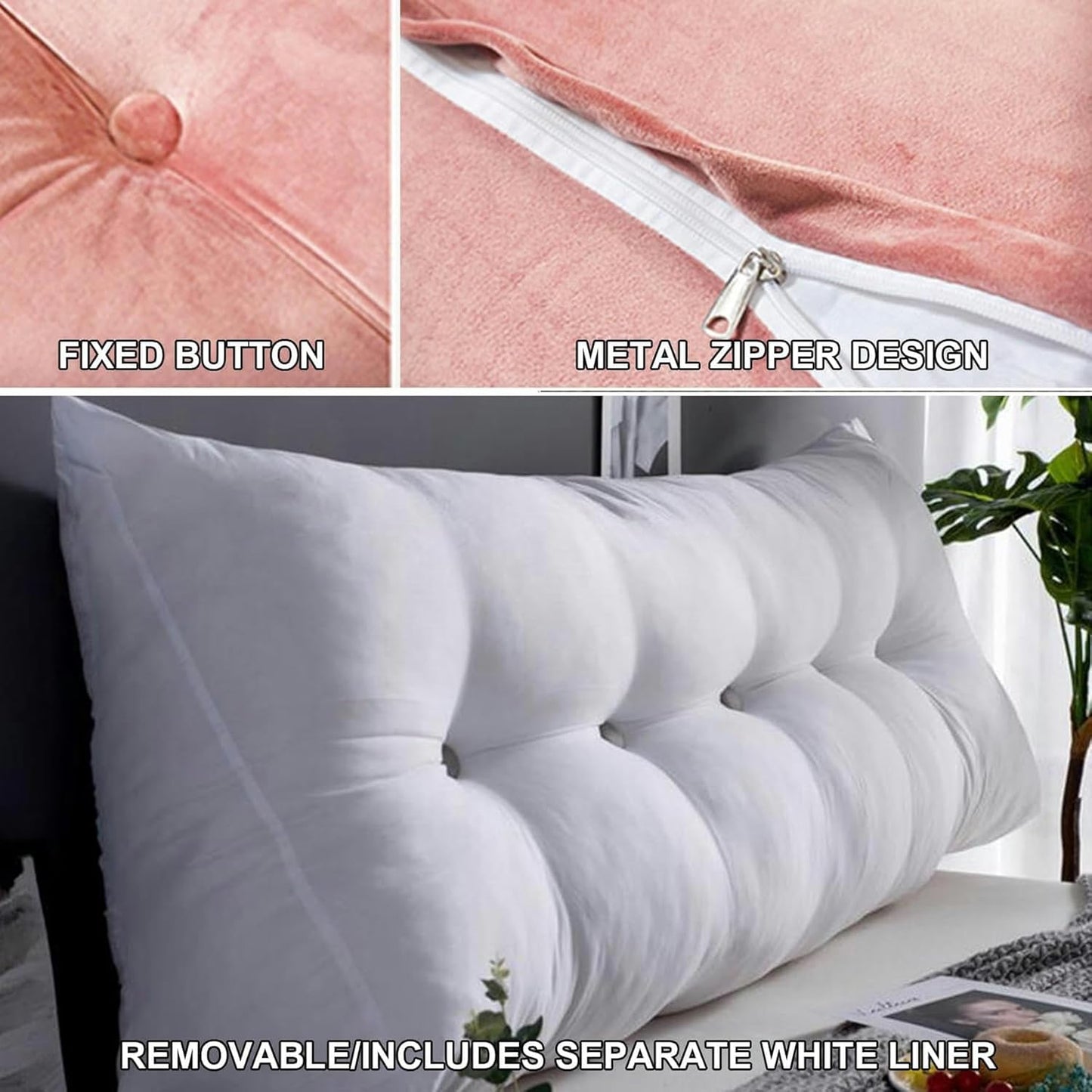AMNOOL Large Triangular Headboard Pillow Wedge Reading Bed Rest Pillow Solid Color Backrest for Daybed Bunk Bed Positioning Support Cushion with Removable Cover, Pink1