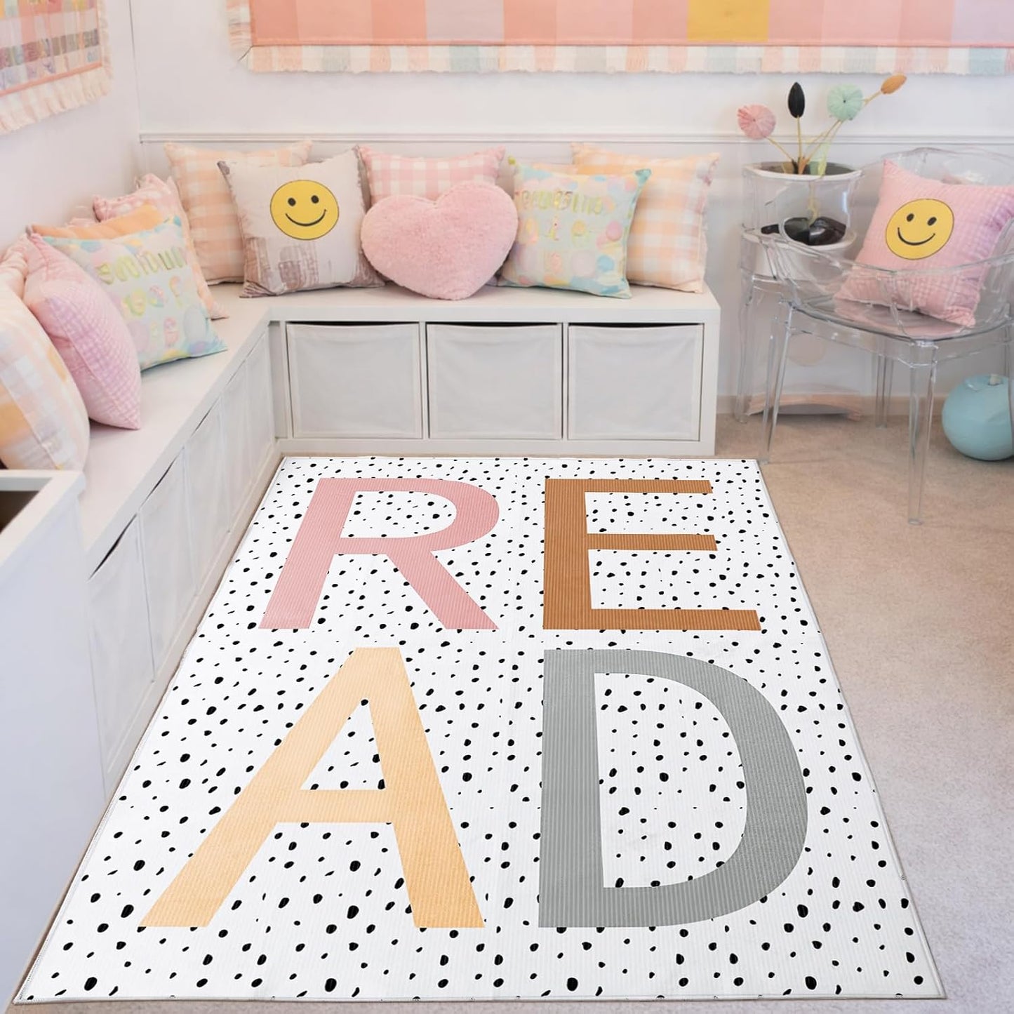 Large Classroom Rug 4.9 x 6.6 ft Read Classroom Carpets with Rubber Backing Class Carpets Playmat Read Rug Decor for Library Preschool Nursery Daycare Reading Nook Bedroom Playroom