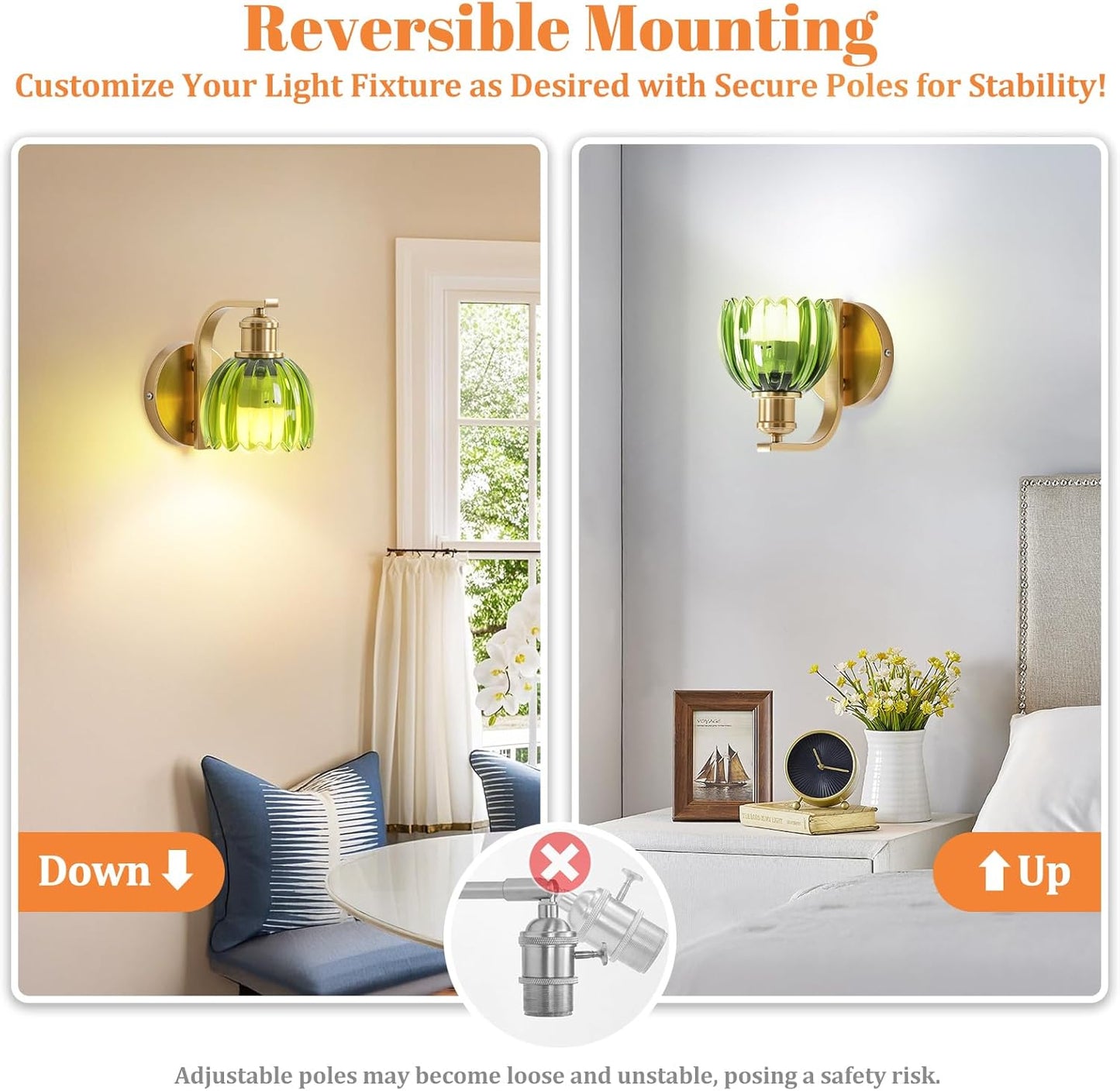 VerRon Rechargeable Battery Operated Wall Sconce with Green Glass Lampshade, Wireless Wall Scone Decor with Remote Control, 15 Colors Gold Wall Light for Bedside Hallway Bedroom Doorway