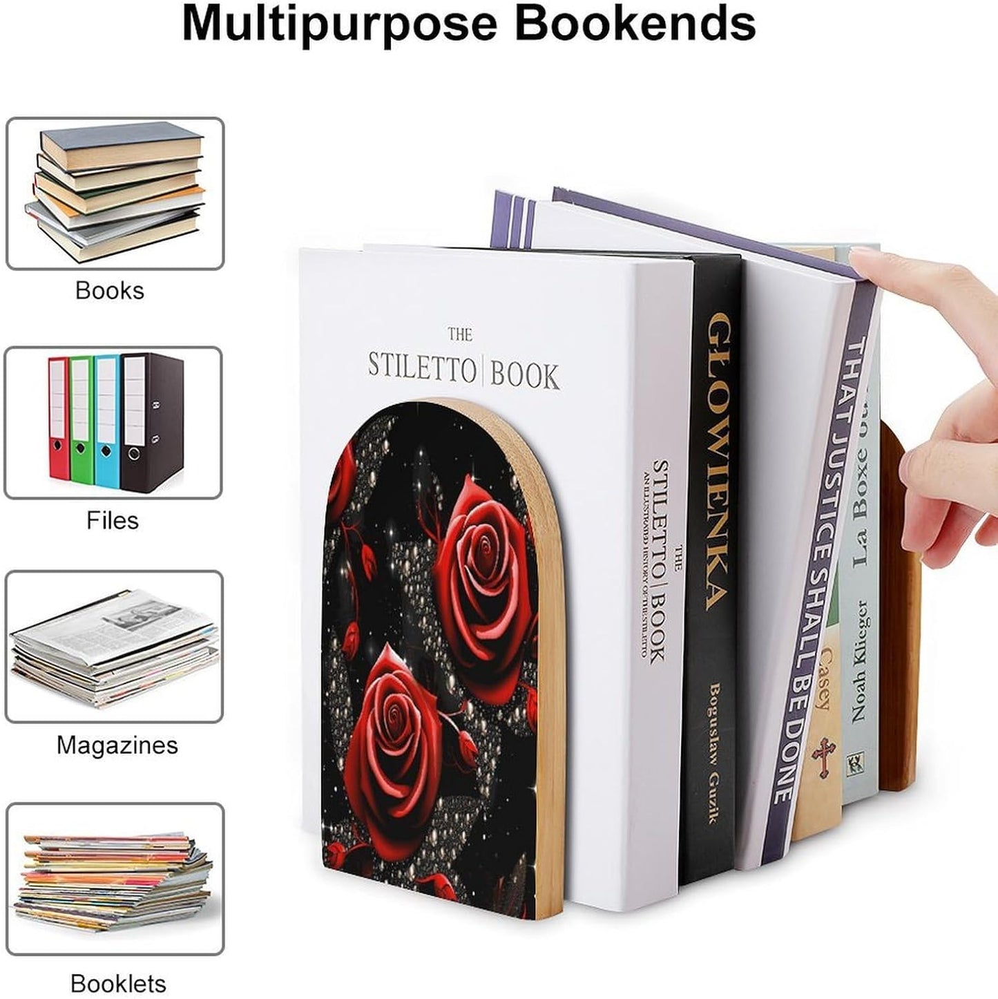 Red Roses and Stars Wooden Bookend Non-Slip Book Ends Heavy Duty Book Stopper with Metal Base Books Holderd Decorative Bookends Stands Firmly for Office Supplies