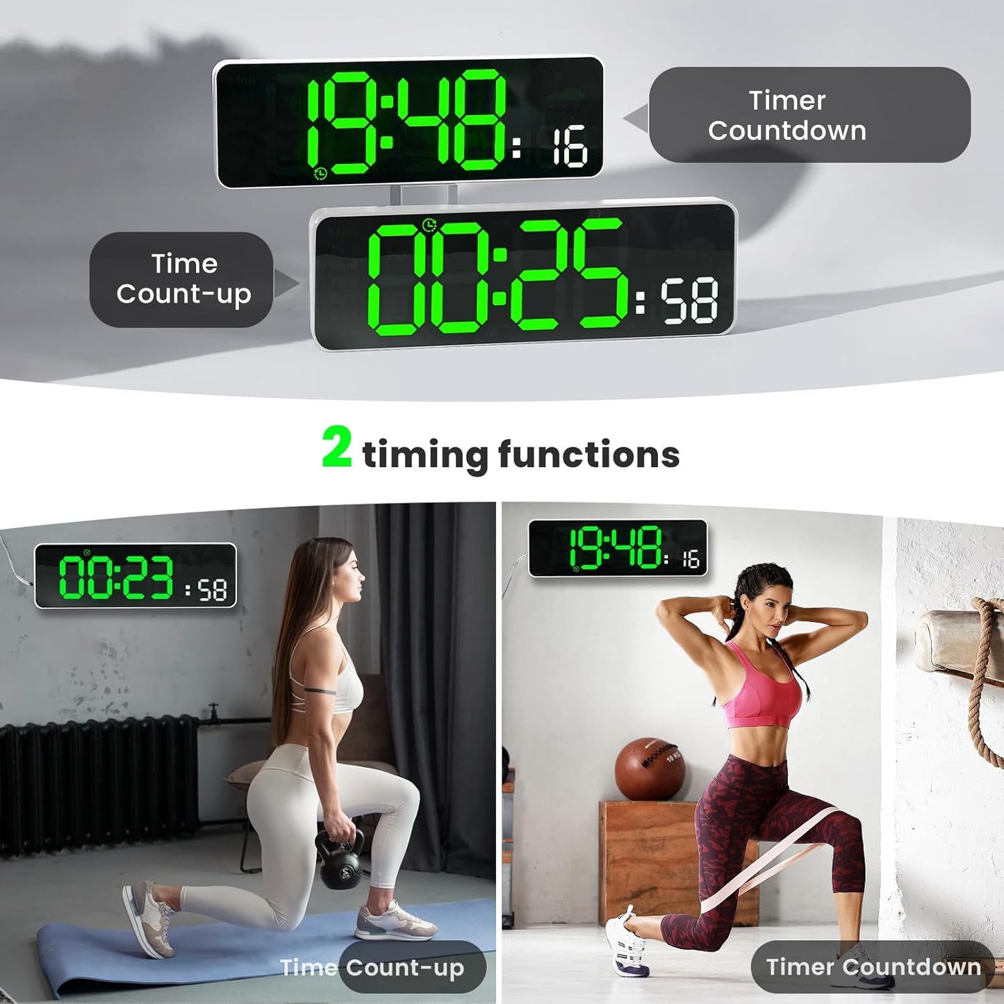 Digital Wall Clock, 12" Digital Clock with Temperature, Humidity, Weatherforecast, Day of The Week, Timer, Auto-dimming, for Living Room/Classroom/Gym/Church/Shop/Garage,Green