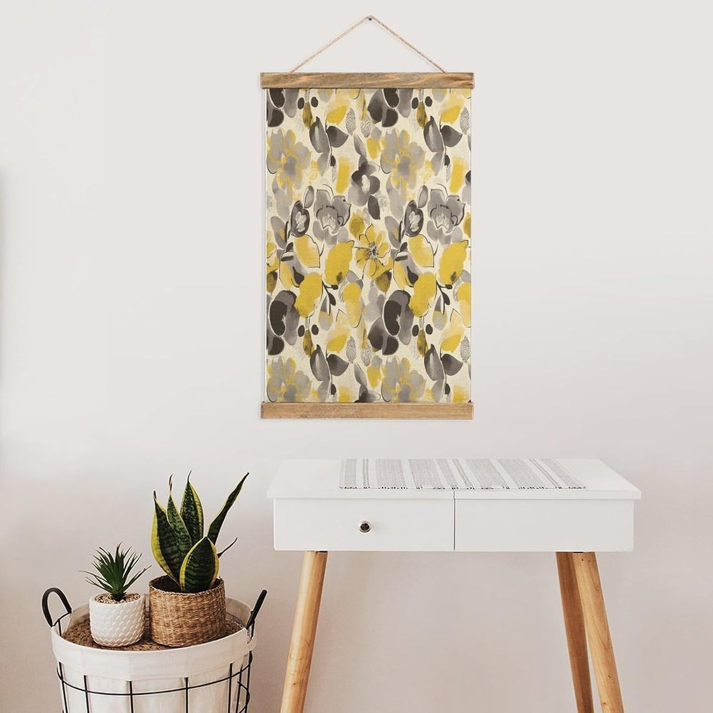 Vintage Yellow Gray Flower Poster with Wooden Frame Personalized Linen Hanging Scroll Painting Rustic Wall Hanging Illustrative Modern Artwork Decor for Home Living Room Bedroom Office