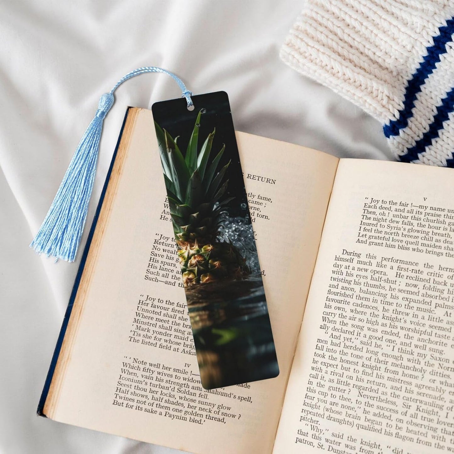 Pineapple Falling into Water Bookmarks Gifts for Women Men, Wooden Bookmarks for Book Lovers, Vintage Book Marks Ornaments with Tassel, Unique Personalized Reading Page Markers Sky Blue