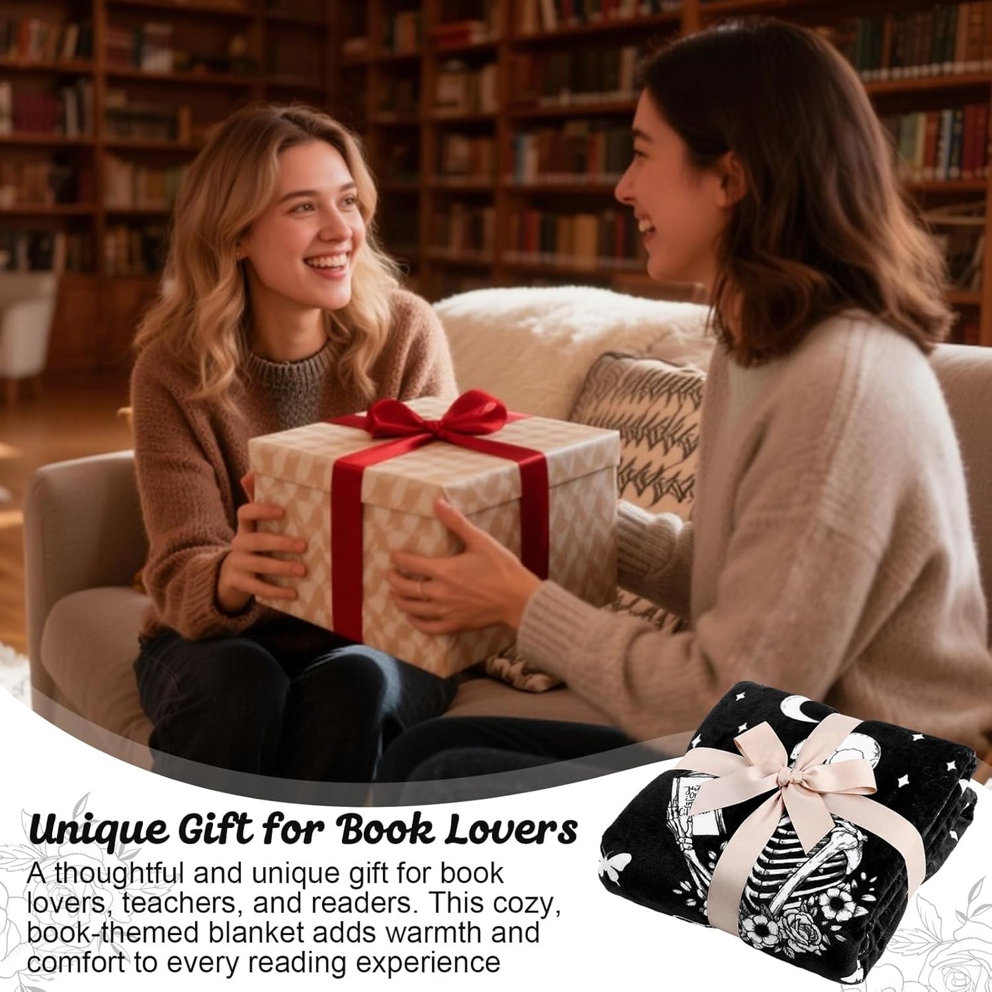 Moukeren Book Lovers Gifts for Readers Gothic Skeleton Reading Blanket 50"x60" Soft Flannel Throw Book Blanket for Women Bookish Bookworm Club Librarian Birthday Gifts Cozy Reading Accessories