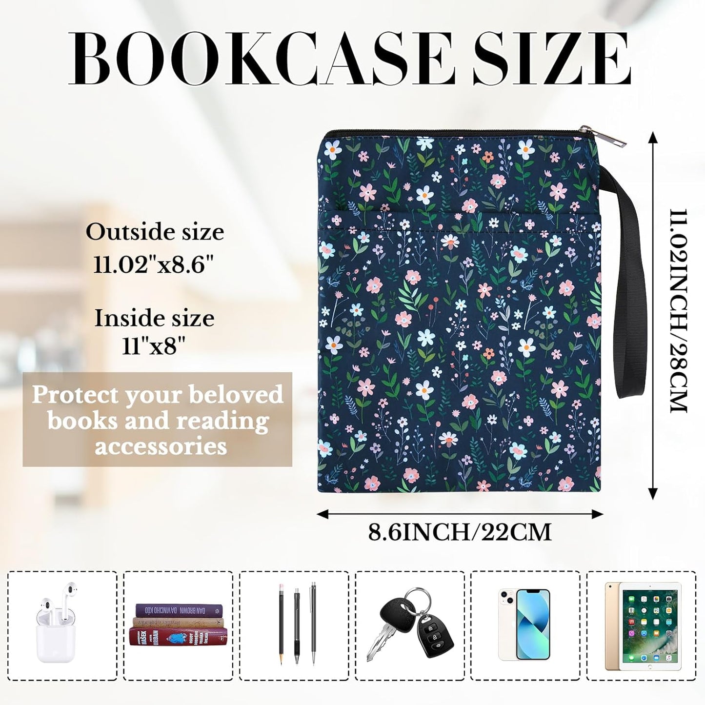 Floral Book Sleeve Pouch - Flower Pattern Paperback Books Cover Protector for Bookworm Waterproof Reader Accessories with Zipper Retro Bookish Gifts for Reading Lover Women Sister Friend