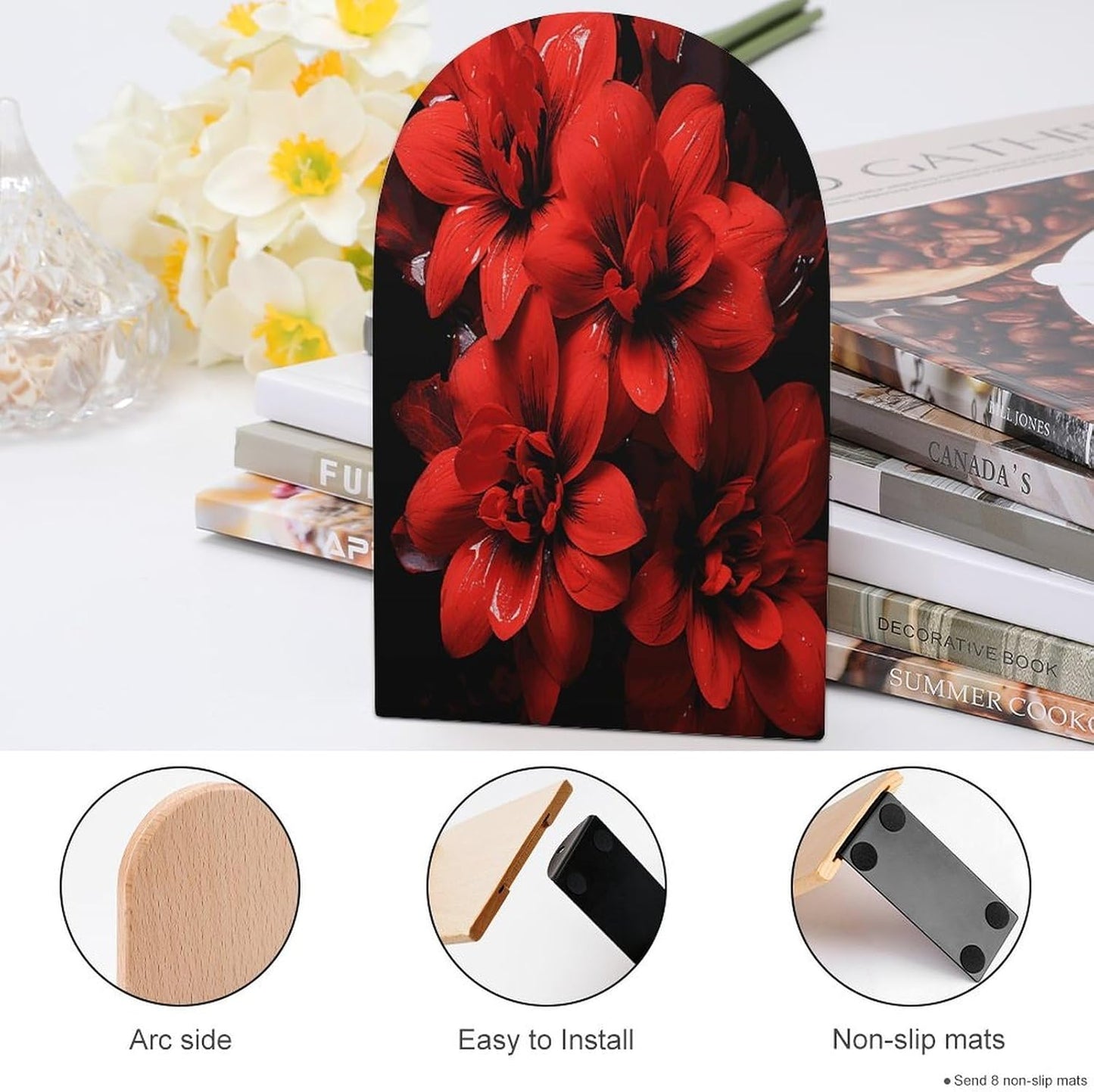 Red Flower on Black Wooden Bookend Non-Slip Book Ends Heavy Duty Book Stopper with Metal Base Books Holderd Decorative Bookends Stands Firmly for Office Supplies
