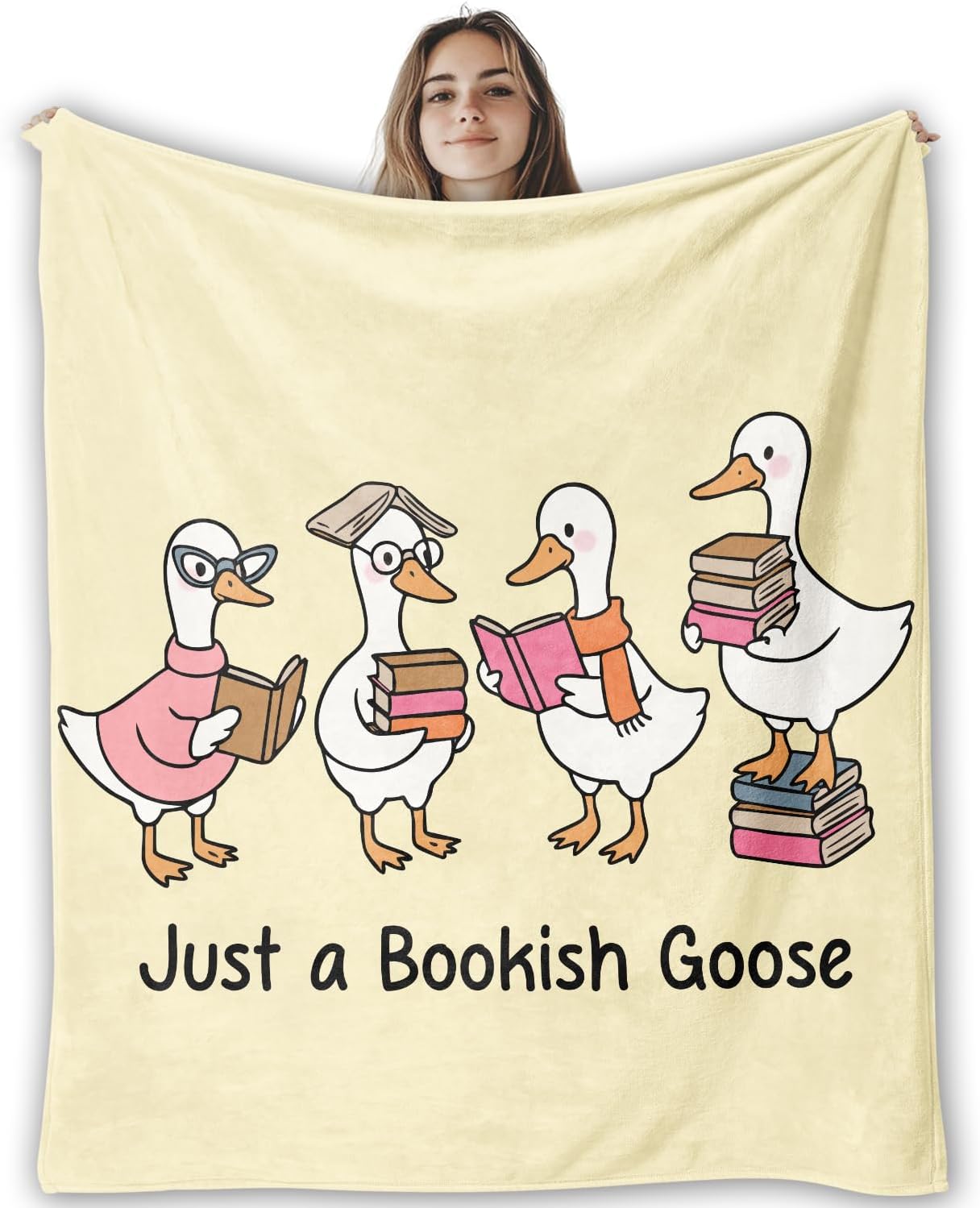 Preppy Funny Bookish Goose Blanket, Book Lover Reader Librarian Gifts for Women, Cute Goose Reading Books Throw Blankets for Reading Room Library Home Decor, 50x60 Inches