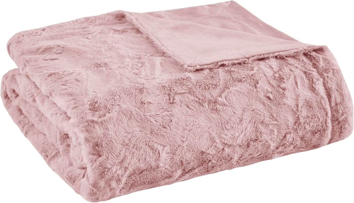 Madison Park Zuri Soft Plush Luxury Oversized Faux Fur Throw Animal Stripes Design, Faux Mink On The Reverse, Modern All Seasons Blanket for Bed, Sofa Couch, Office, Blush, 60x70