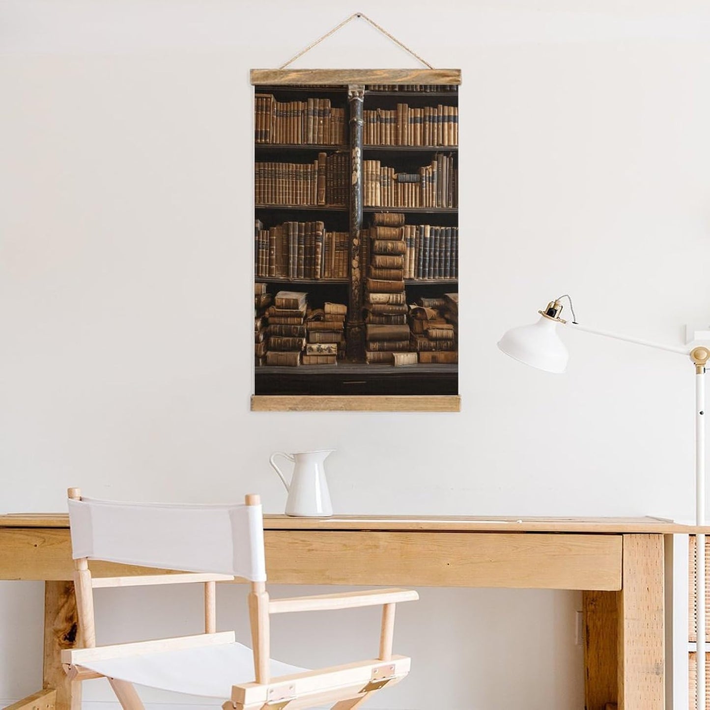 Vintage Old Books in Library Poster with Wooden Frame Personalized Linen Hanging Scroll Painting Rustic Wall Hanging Illustrative Modern Artwork Decor for Home Living Room Bedroom Office