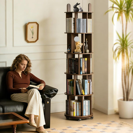 Kryonix Solid Wood Rotating Bookshelf on Wheels, Spinning Bookshelf Tower 5 Tier, 360° Revolving Bookcase, Multi-Functiona Corner Round Turning Book Shelf Organizer for Small Spaces, Walnut