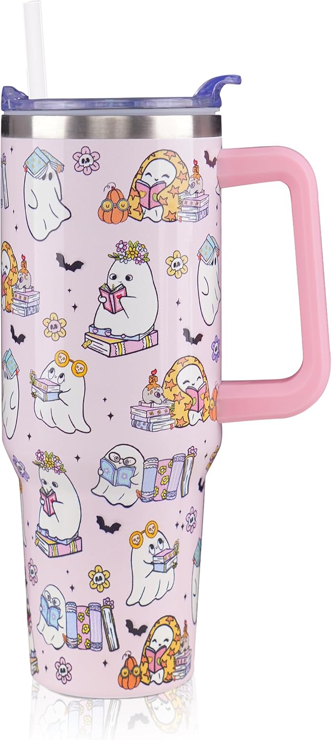 40 oz Halloween Tumbler with Lid and Straw, Stainless Steel Insulated Ghost Reading Book Tumbler 40 oz, Reusable Ghost Cup with Leak Proof Lid, Halloween Gifts for Women