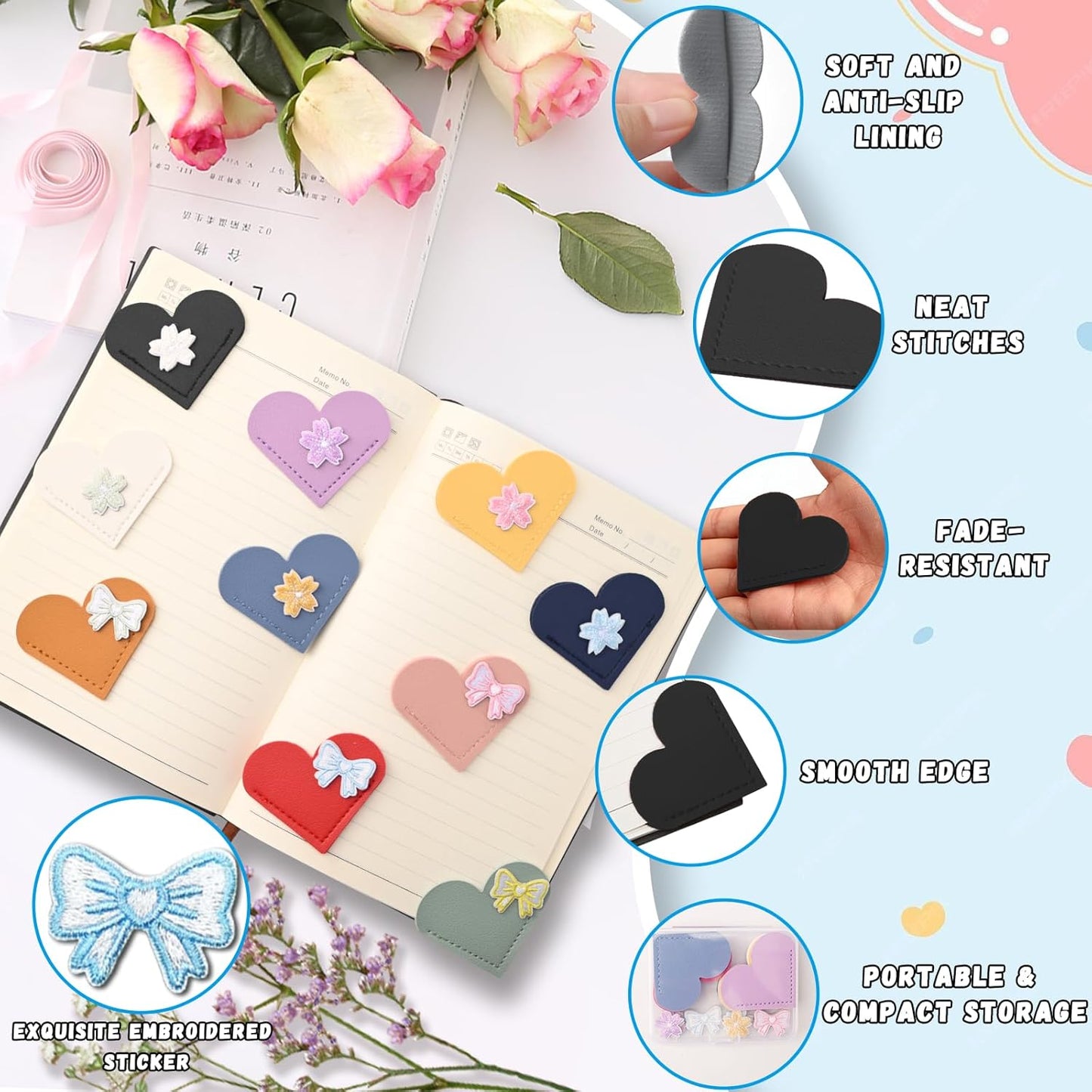 10 Pcs DIY Leather Heart Bookmarks for Women Book Lovers, Book Accessories Gifts for Reading Women, Cute Corner Page Bookmarks for Book Lovers Teachers Students, School Office Home Supplies(Heart B)