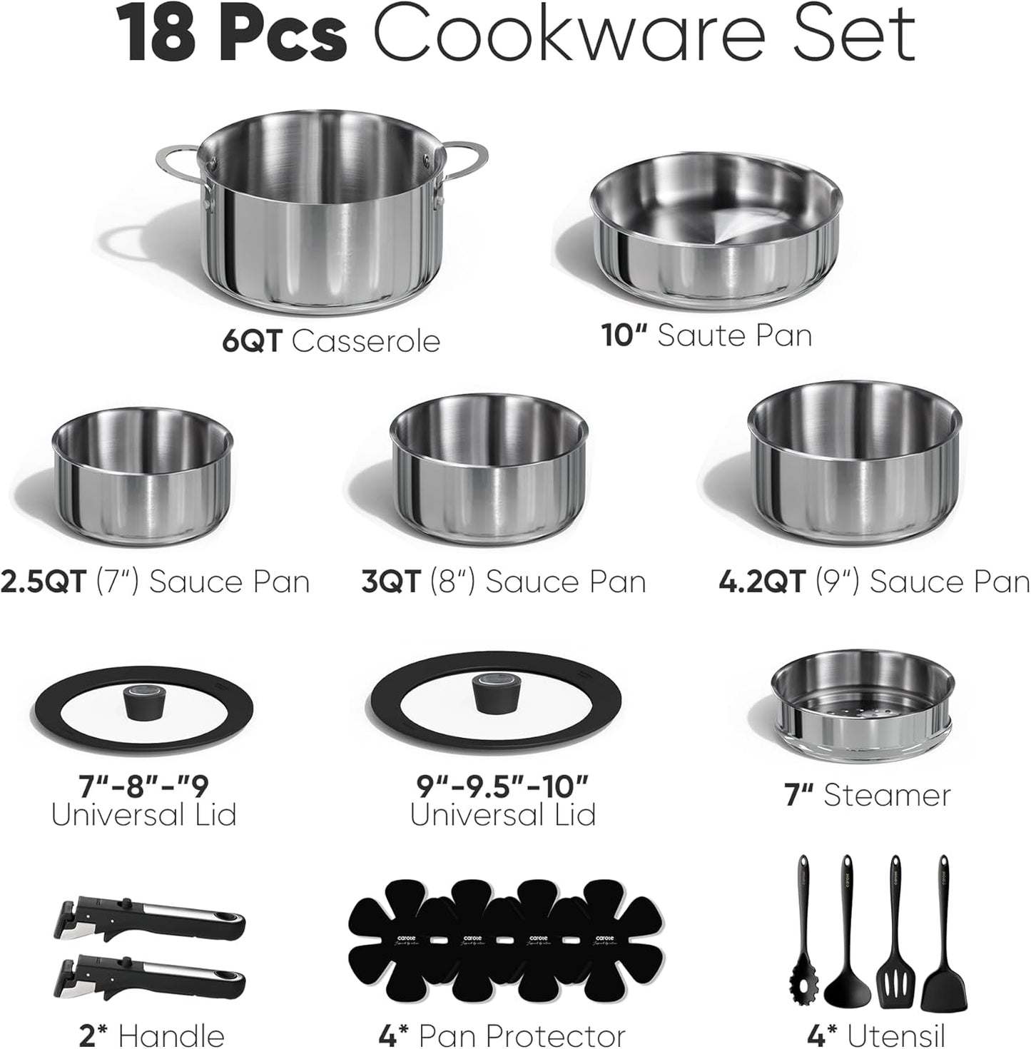 CAROTE 18pcs Stainless Steel Cookware Set with Detachable Handle, Nonstick Pots and Pans Set, Induction Kitchen Cookware Sets with Removable Handle, RV Cookware Set, Oven Safe, Camping Cookware, Black