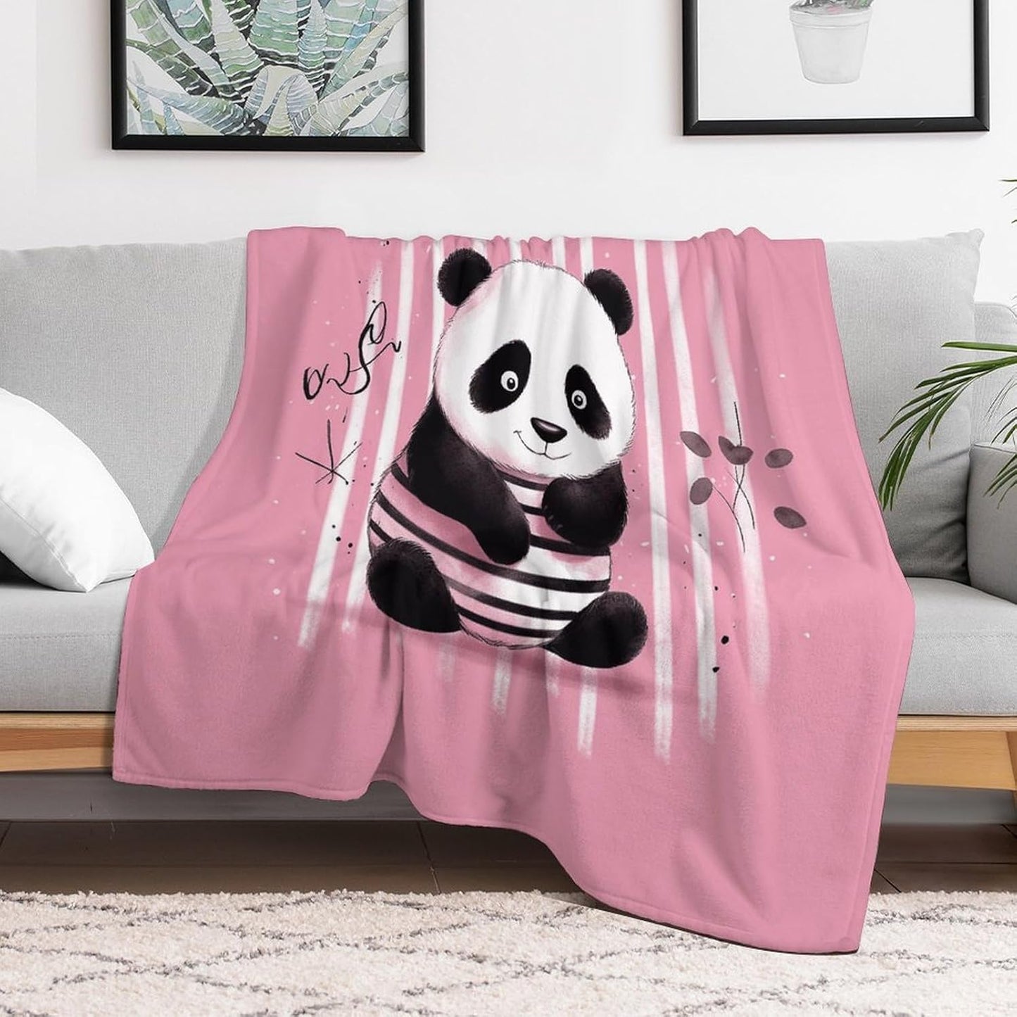 Pink Striped Panda Throw Blanket for Couch Super Soft Warm Lightweight Throw Blankets Cozy Flannel Bed Blanket Cute Decorative Blankets for All Seasons Home Decor Gift 30"*40"（76 * 100cm）