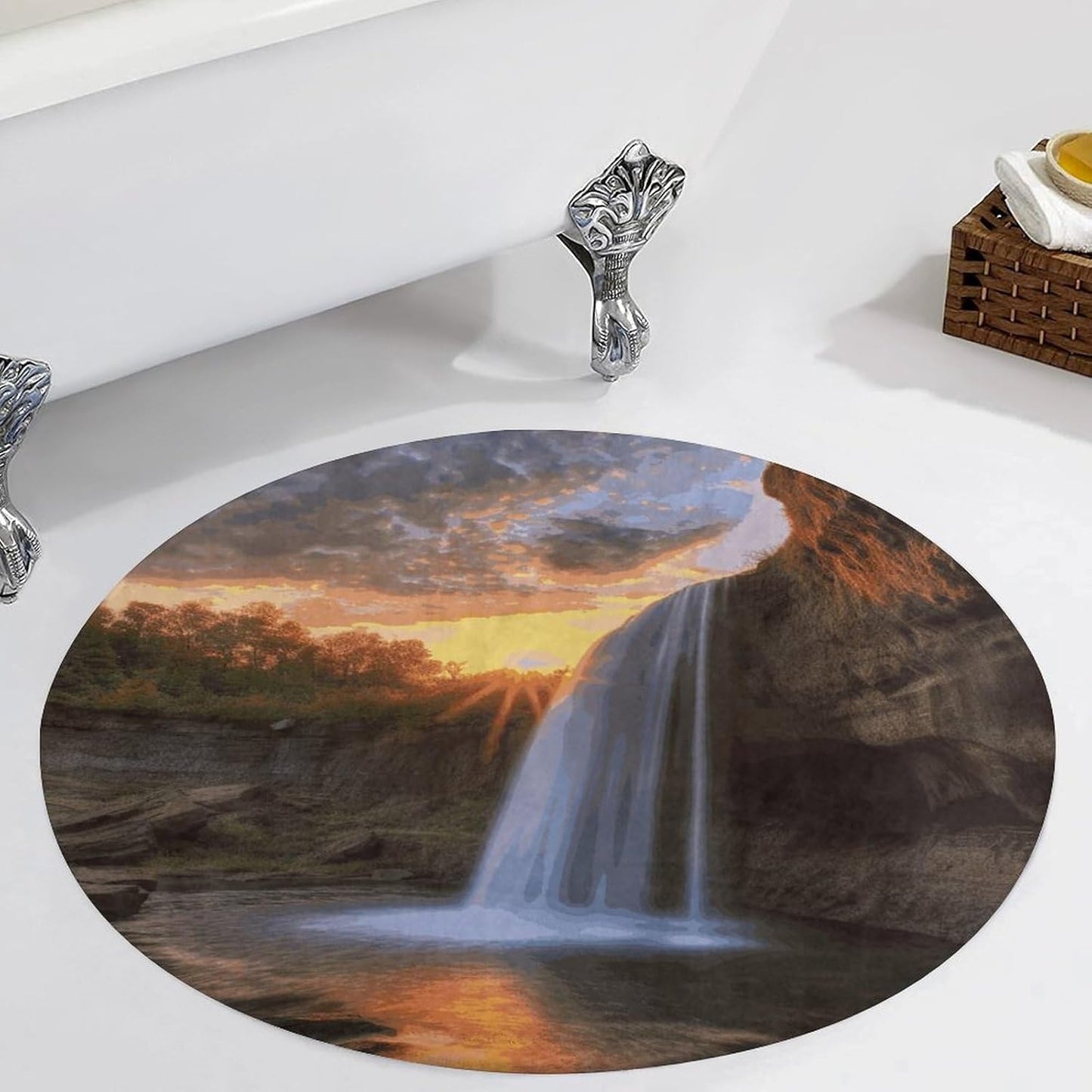 Waterfall at Sunset Circle Rug Retro Luxury Coral Velvet Floor Mat Non Slip Soft Indoor Floor Carpet Comfy Thickened Area Rugs Modern Aesthetic Minimalist Carpets for Home Decor