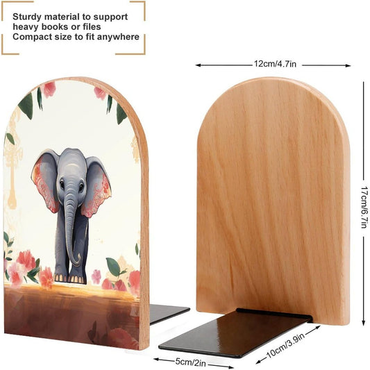 Lucky Elephant Bookend for Shelves Wooden Book End Large Size Sturdy Book Holders Stoppers with Metal Base for Bookshelves Slick Decorative Bookends Stands