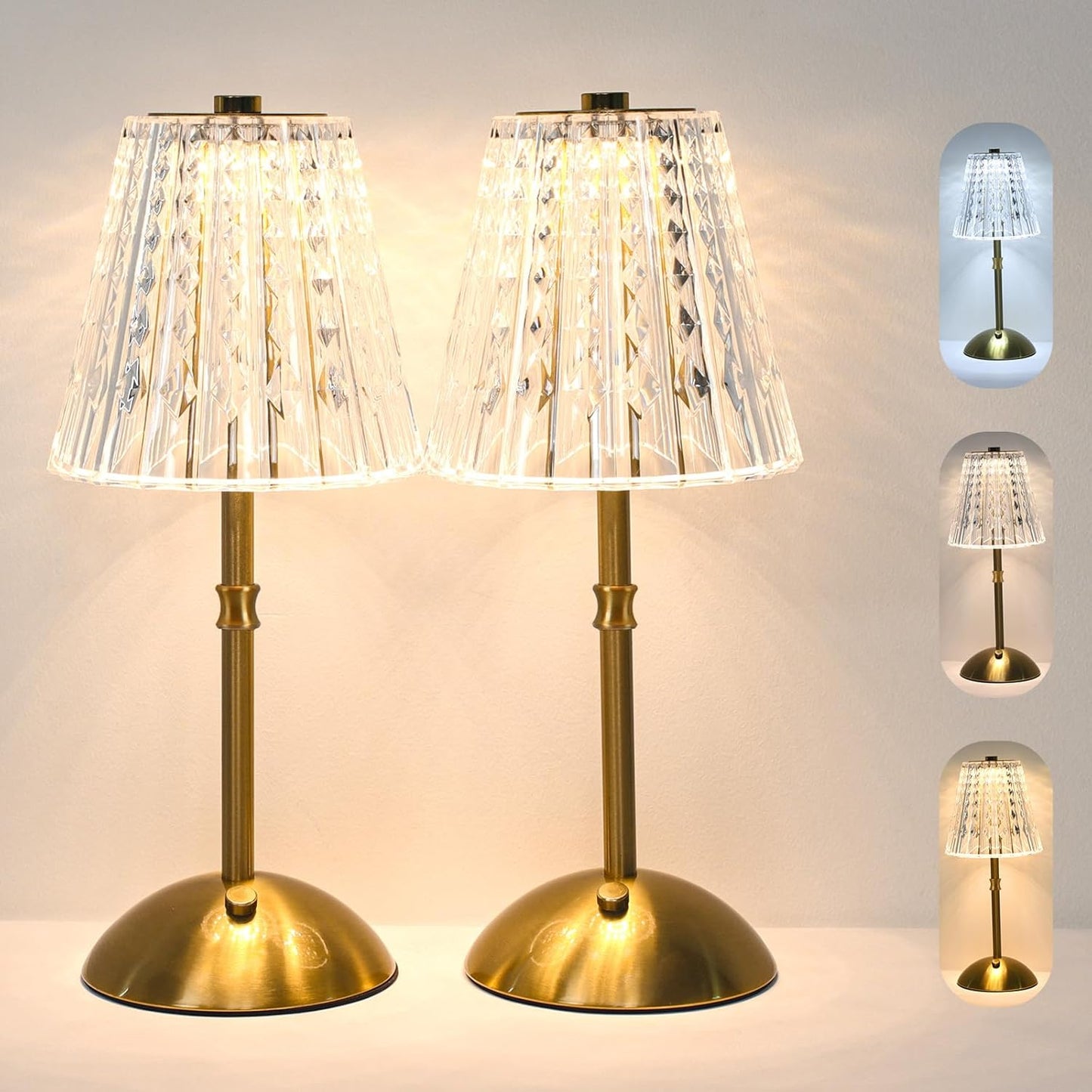 2 Pack Touch Cordless Table Lamp Rechargeable, 3600mAh Battery Operated Small Crystal Lamp, 3 Color Dimmable Vintage Gold Table Light for Bedroom/Kitchen/Gift for Home Décor (Vintage)