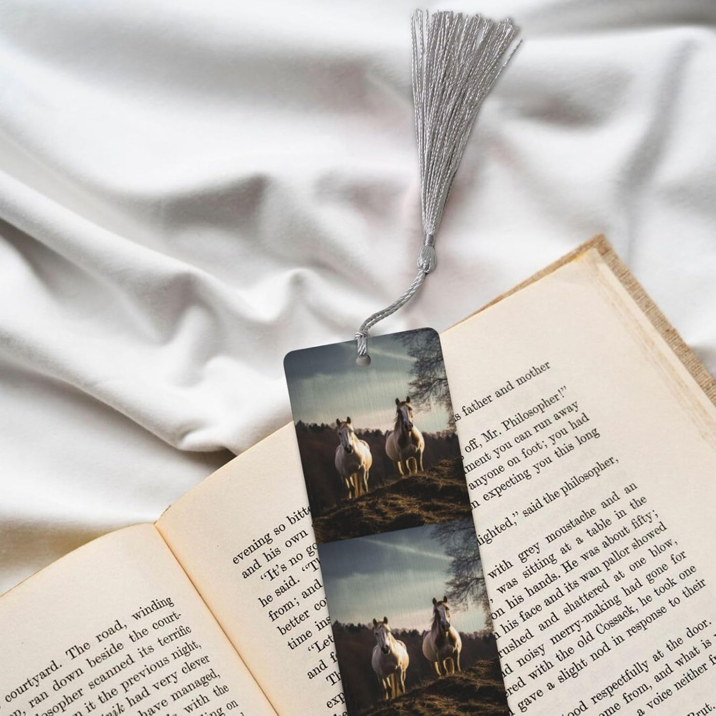 Horse on Mountain Bookmarks Gifts for Women Men, Wooden Bookmarks for Book Lovers, Vintage Book Marks Ornaments with Tassel, Unique Personalized Reading Page Markers Gray